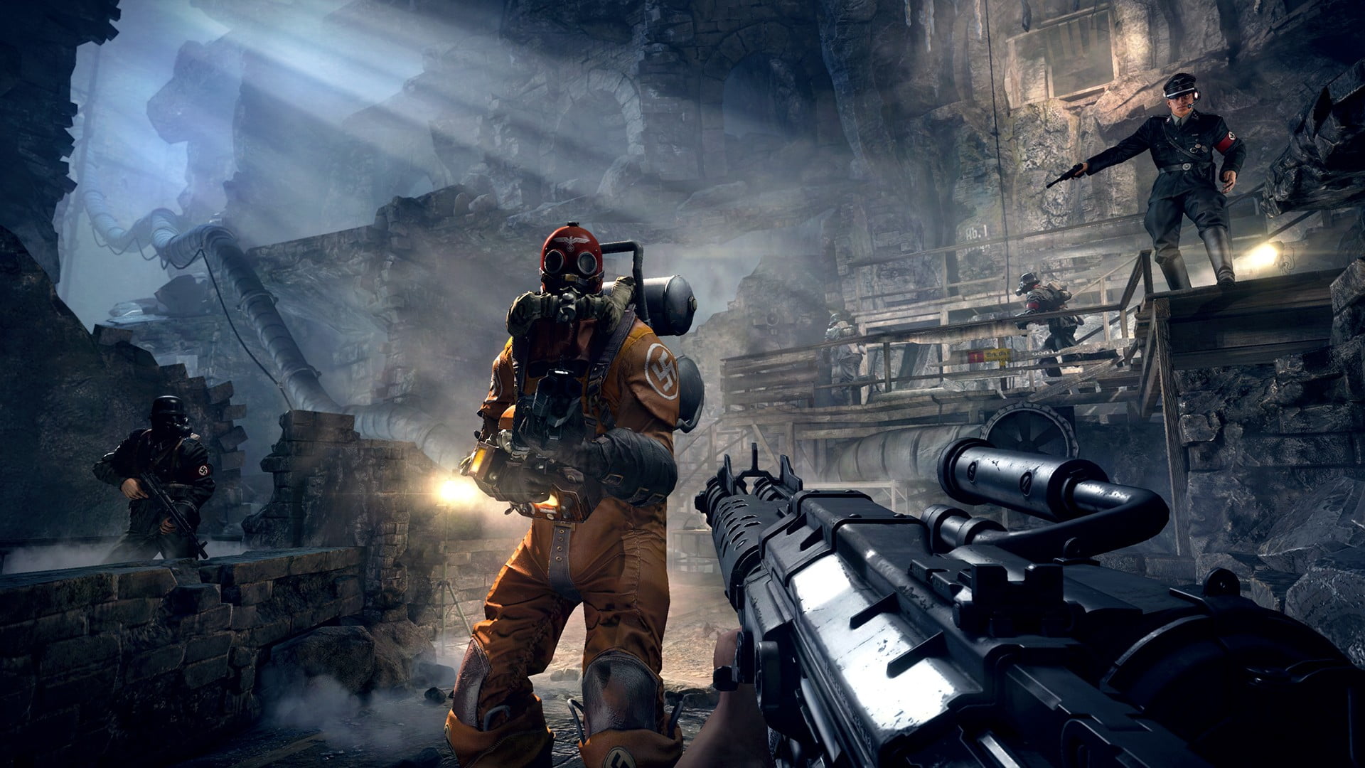 weapon, holding, 1080P, architecture, group of people, standing, gun, fighting, government, Wolfenstein: The Old Blood, men, protection, conflict, protective workwear, HD Wallpaper
