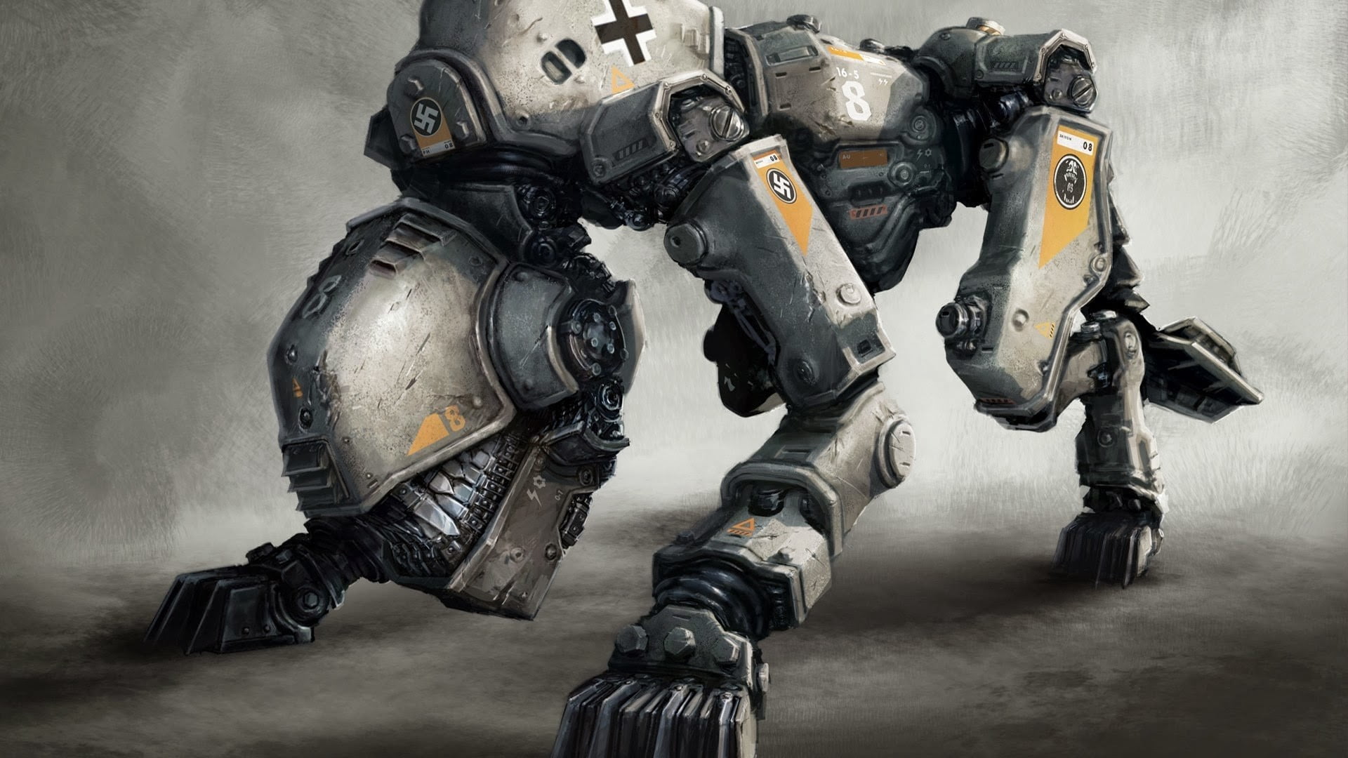 gray, government, weapon, gun, illustration, Wolfenstein, robot, wall - building feature, black color, holding, protection, armed forces, headwear, military, HD Wallpaper