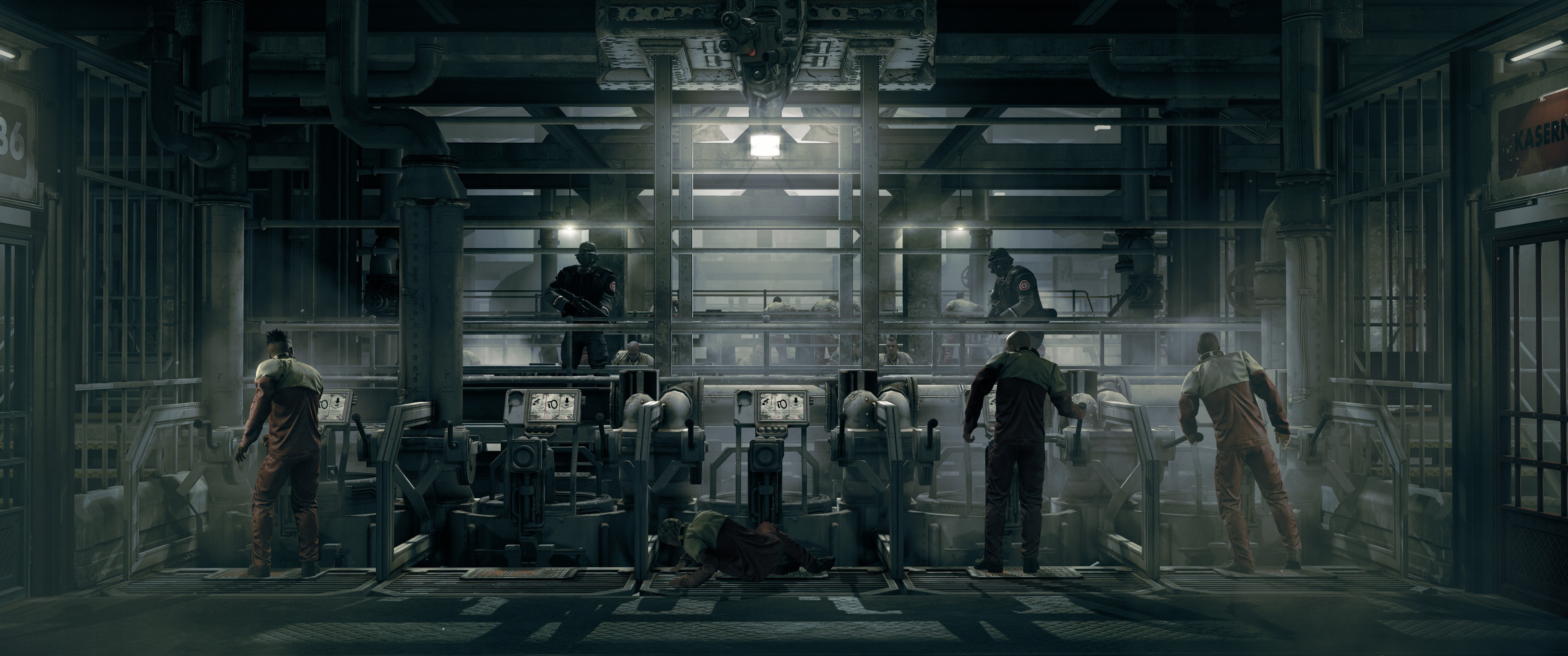 architecture, group of people, factory, people, men, women, 5K, lifestyles, real people, indoors, night, video games, medium group of people, Wolfenstein: The New Order, HD Wallpaper