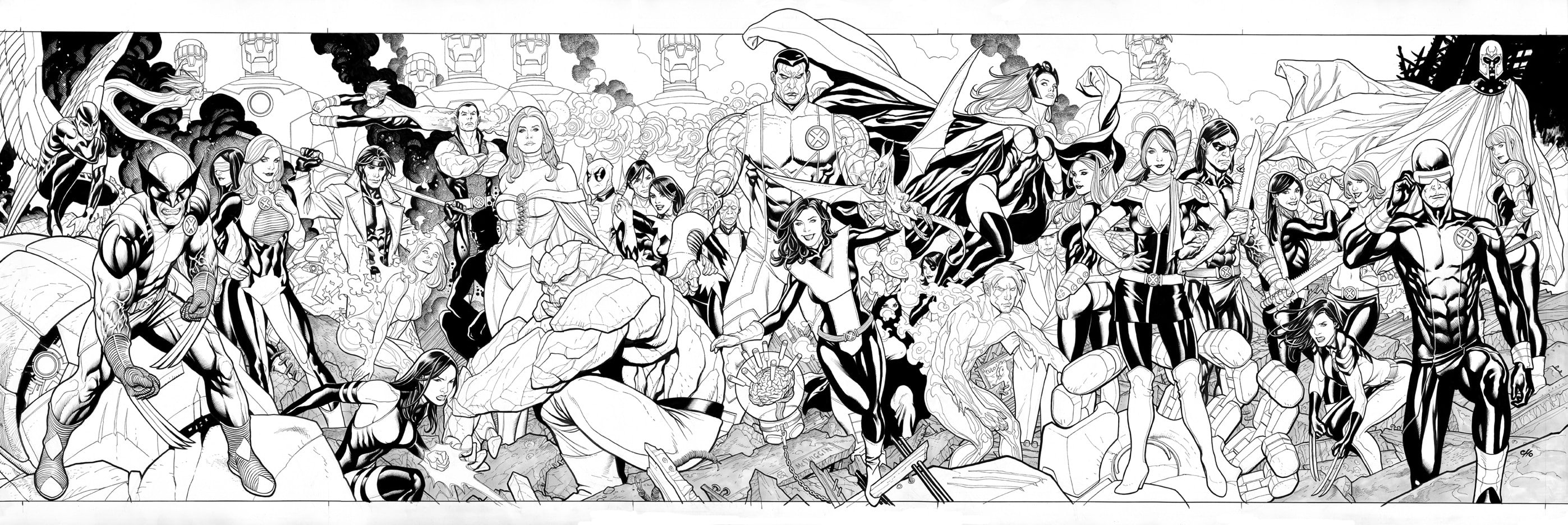 x, Magneto, Marvel Comics, Kitty Pride, Cyclops, Emma Frost, men, Iceman, Psylocke, Sentinel, 2795x936 px, colossus, Frank Cho, 2K, wolverine, monochrome, HD Wallpaper