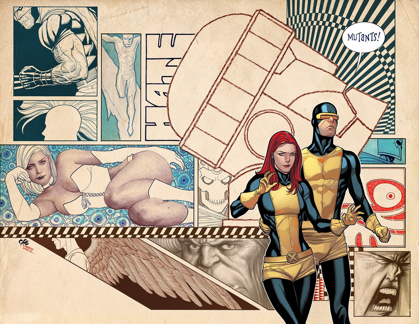 Man, creativity, Iceman (Marvel Comics), 720P, front view, casual clothing, Emma Frost, human representation, adult, mural, Corset, X-Men: Battle Of The Atom, HD Wallpaper