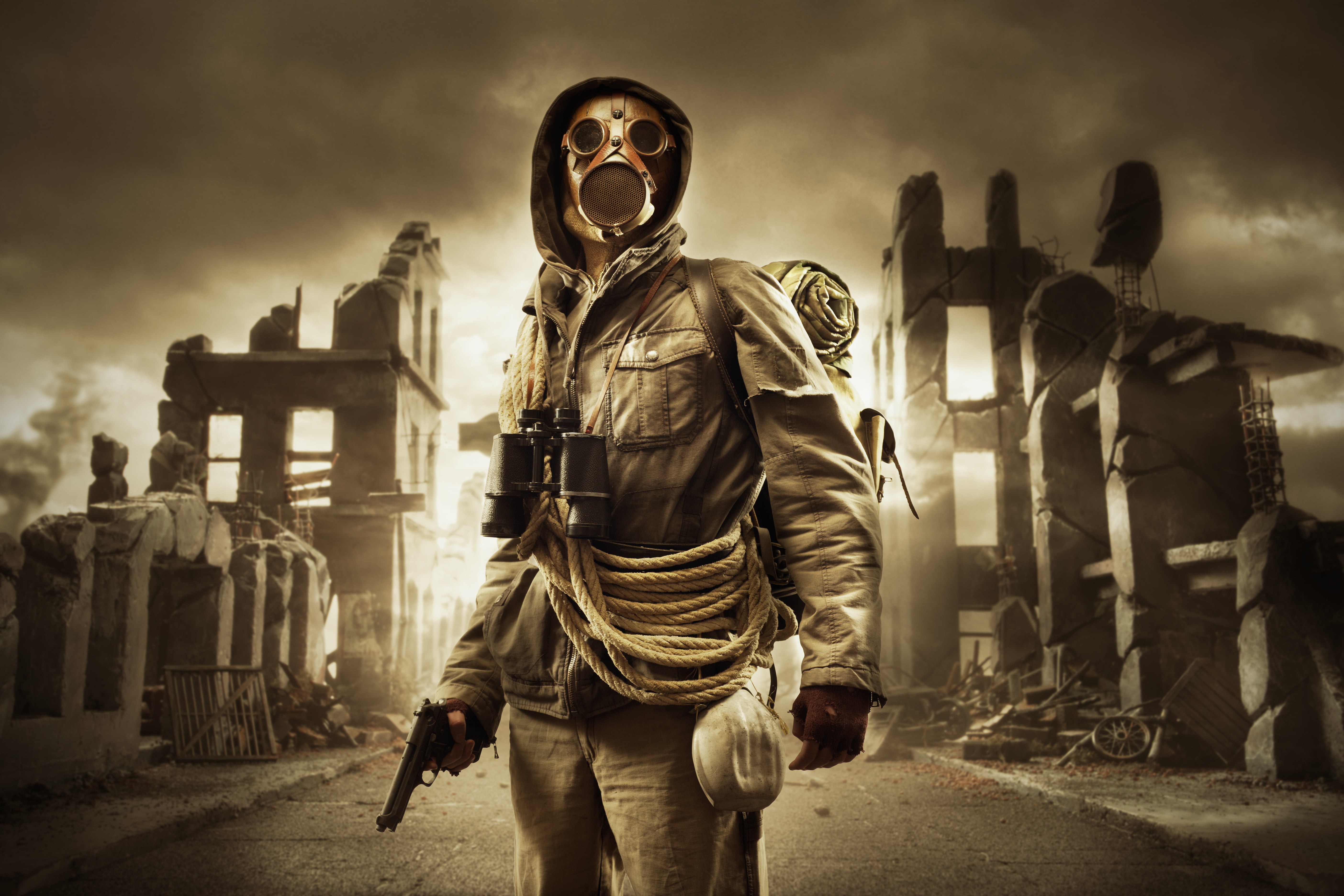 weapon, holding, front view, obscured face, dark, government, ruins, 5K, protection, adult, army, men, pollution, wearing, safety, smoke - Physical Structure, HD Wallpaper