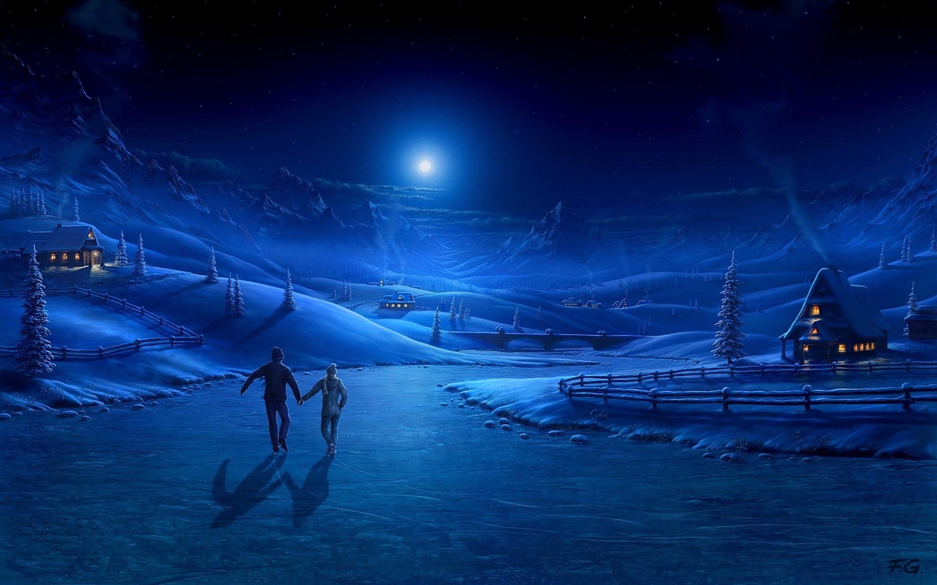 rink, ice, moon, night, lodge, pair, skating, 1080P, skating rink, smoke, art, light, HD Wallpaper