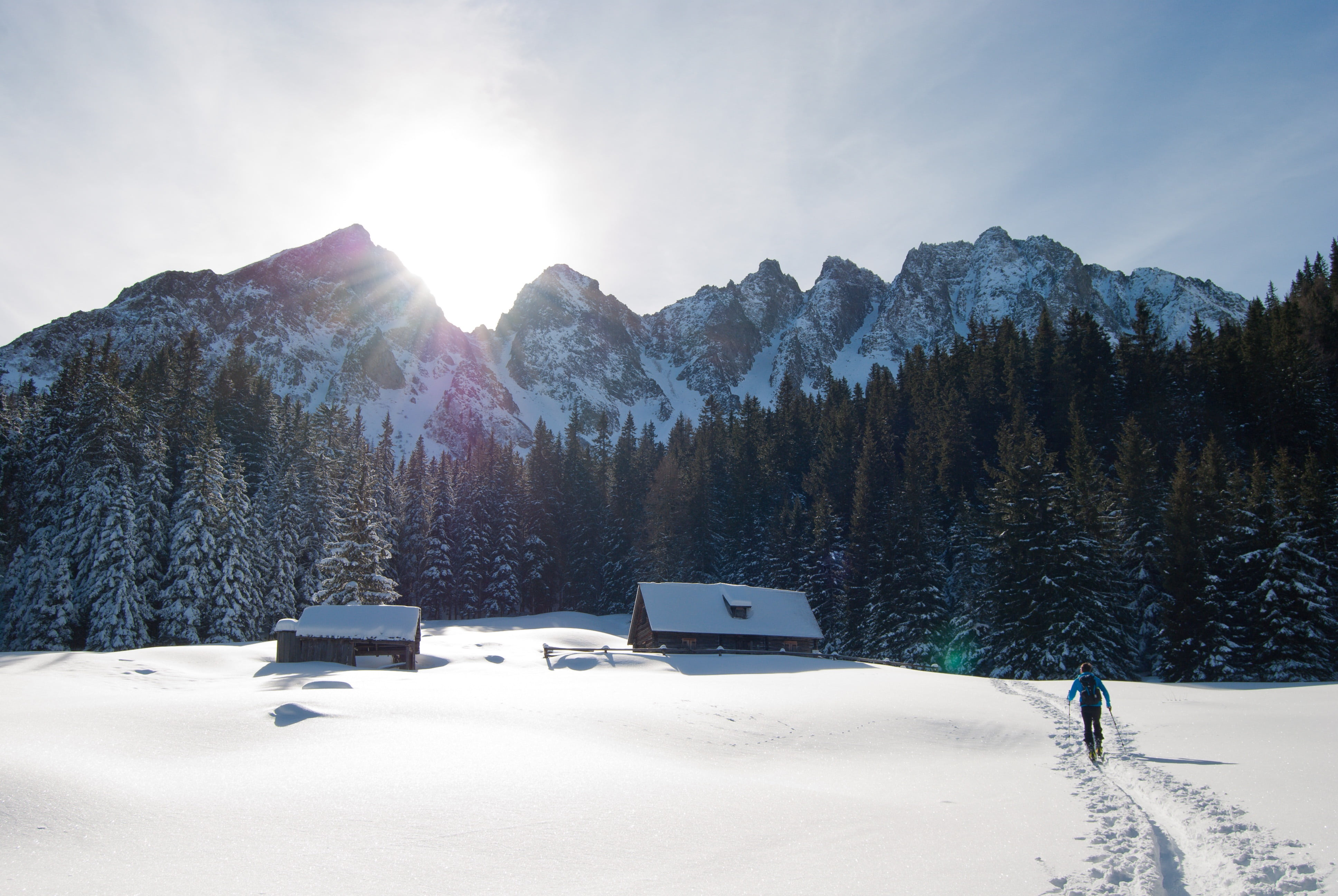 mountain range, winter, sky, mountain hut, environment, snowfield, person, snow, powder snow, two, alpine, backcountry skiiing, sunlight, mountains, forest, HD Wallpaper