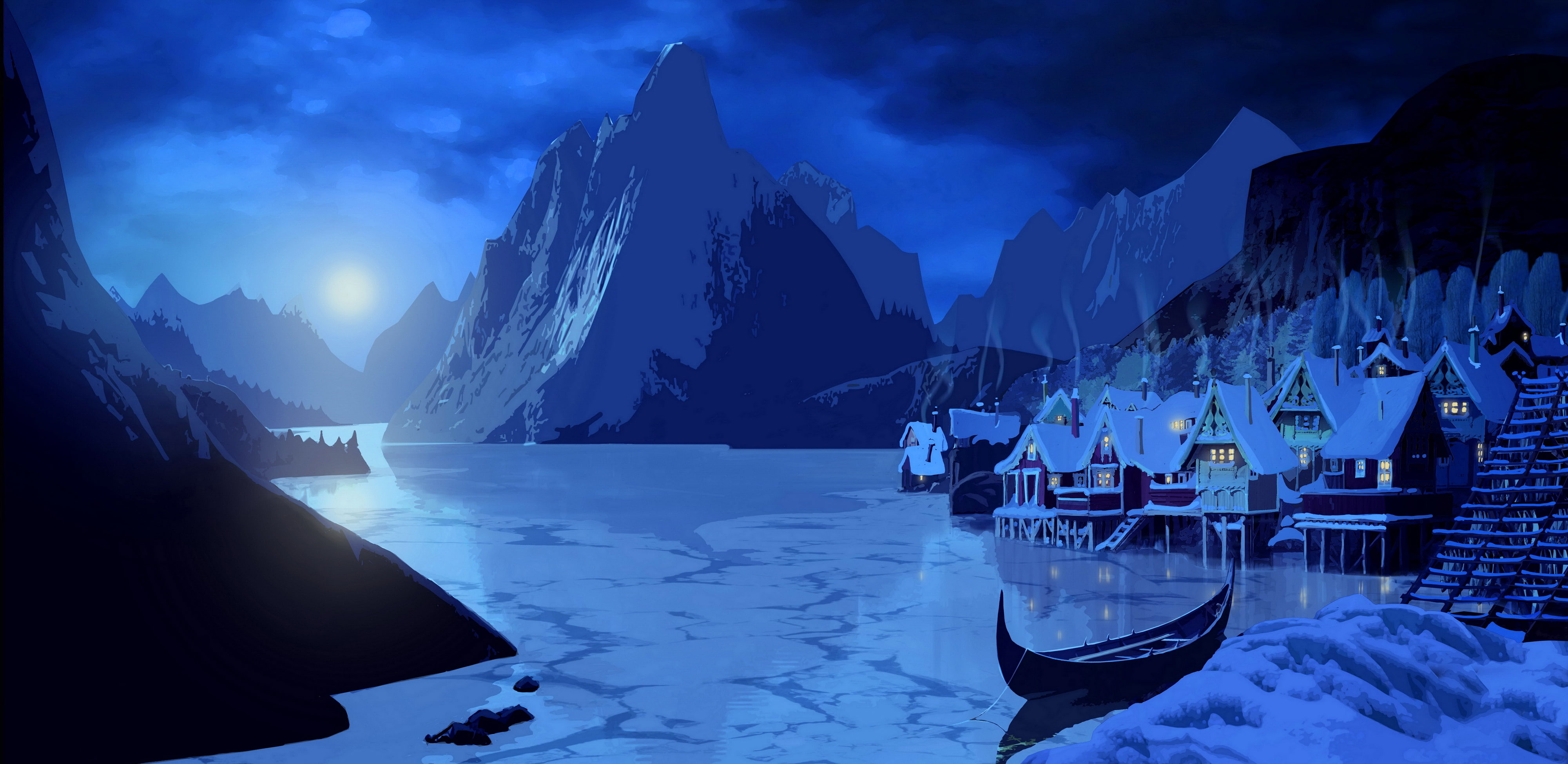 canoe, lights, snow, smoke, home, landscape, black, 4K, the moon, houses, Canoeing, mountains, night, lake, digital, beside, HD Wallpaper