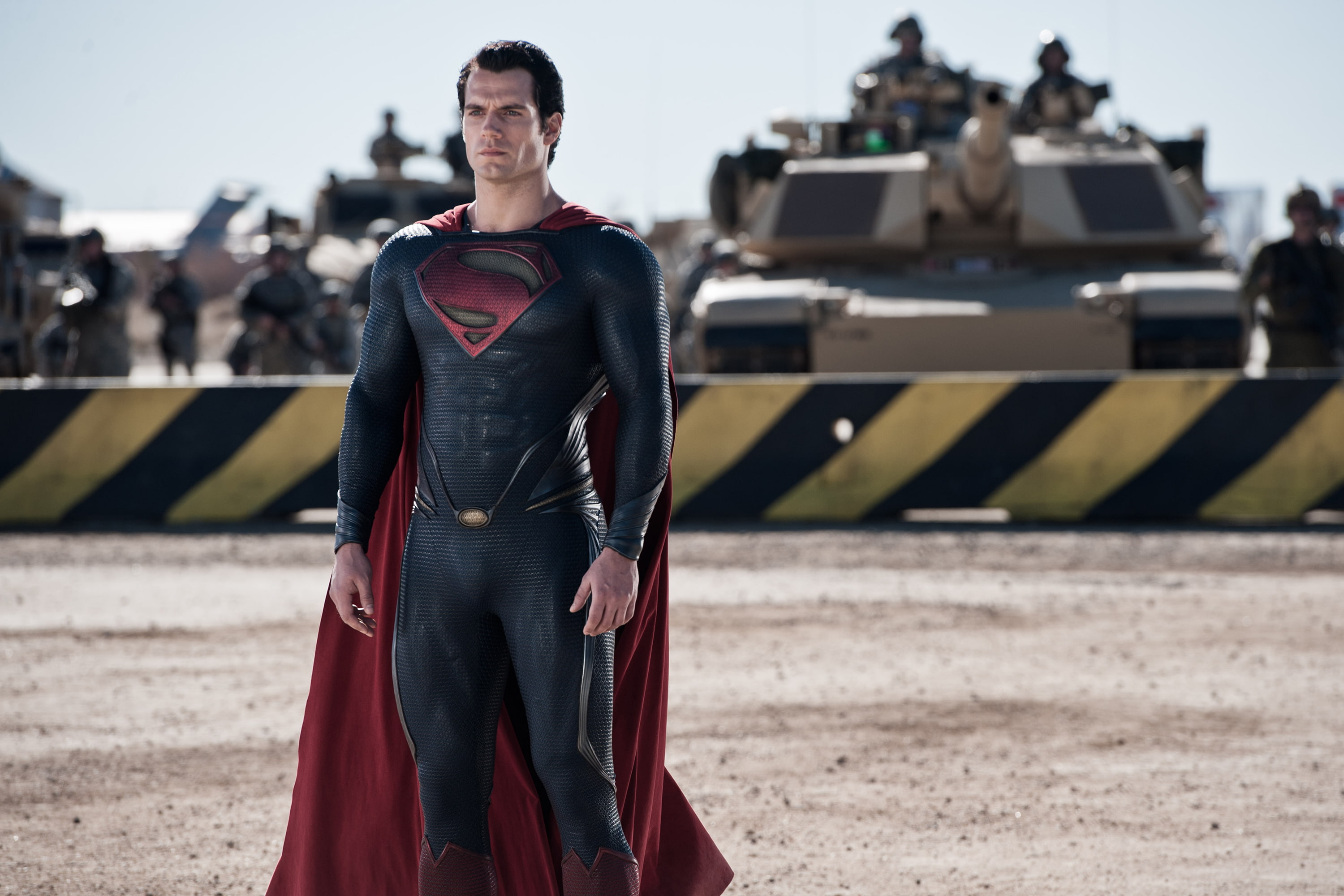 Henry Cavill, fiction, comic, costume, 2K, army, steel, Clark Kent, Superman, tanks, Kal-El, Man of Steel, barrier, man, HD Wallpaper