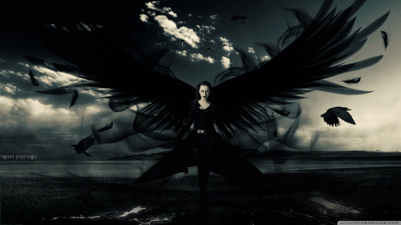looking at camera, water, cloud - sky, angel, sky, 720P, outdoors, photo manipulation, digital, standing, underwater, digital composite, wings, birds, HD Wallpaper
