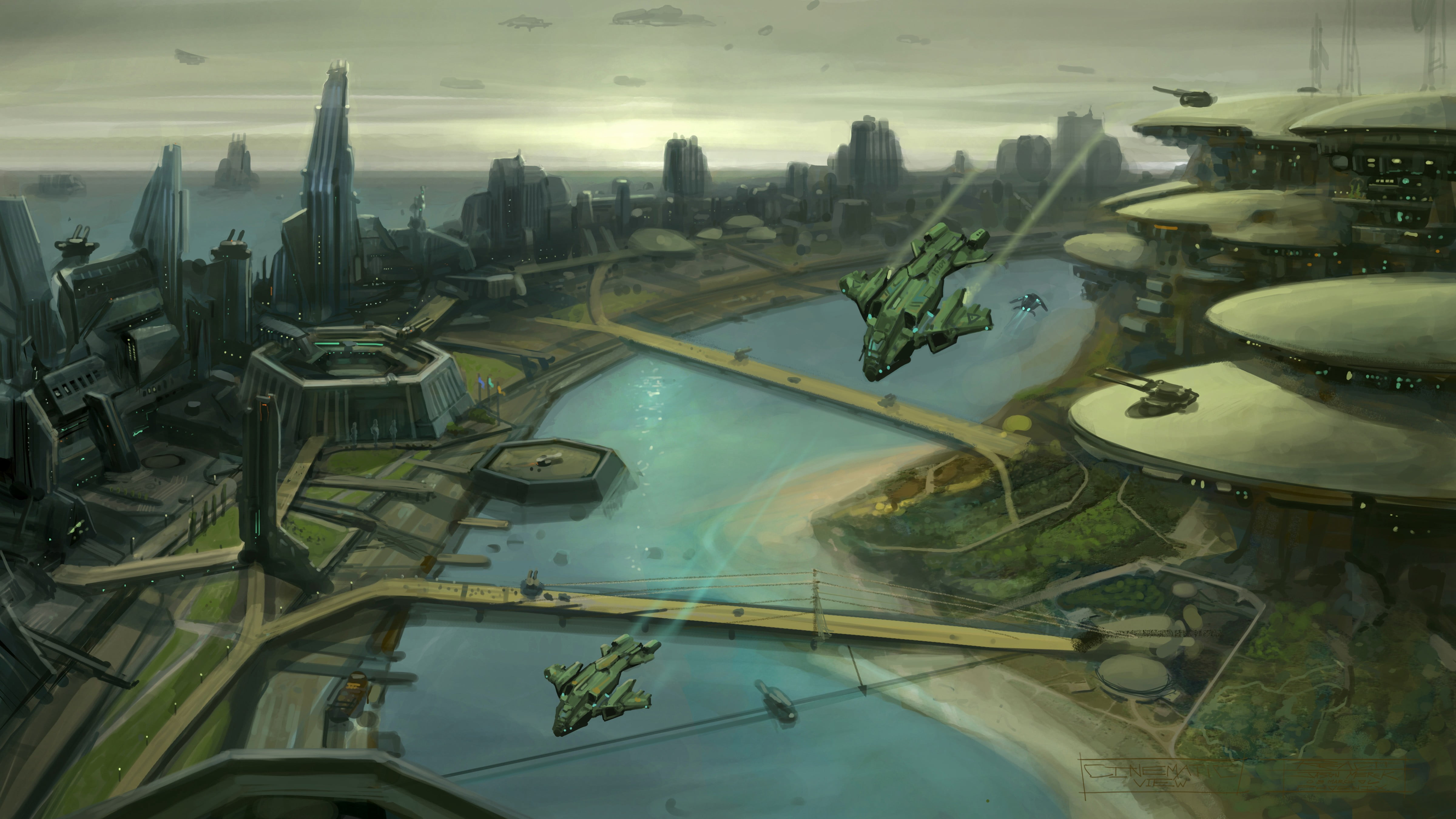 aircrafts, landscape, built structure, architecture, Halo, building exterior, futuristic, reflection, no people, nature, flying, Pelican (Halo), spaceship, HD Wallpaper