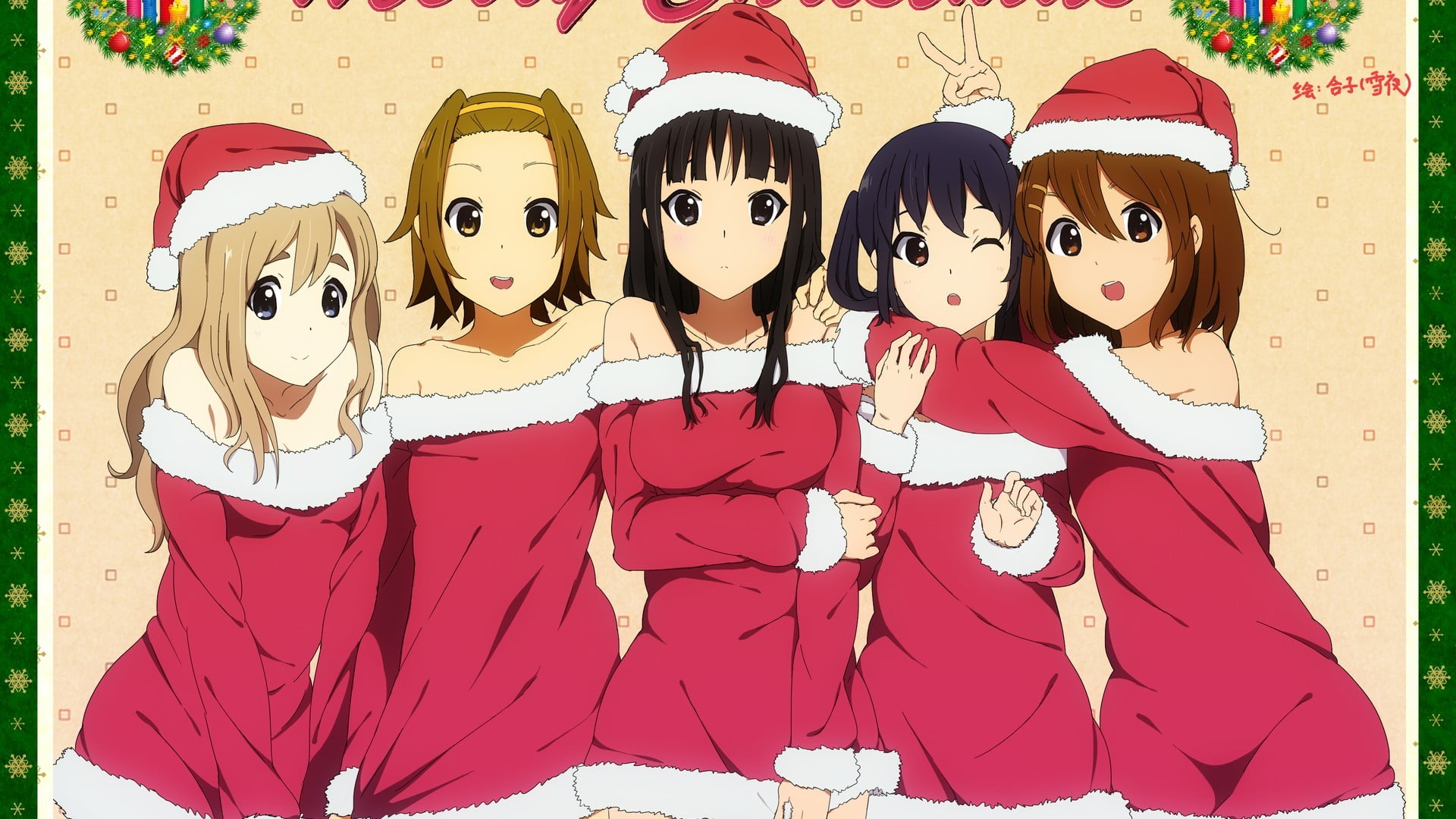 Santa hats, girls, Hirasawa Yui, K-ON!, smiling, anime girls, people, santa, emotion, Tainaka Ritsu, child, 1080P, mask - disguise, disguise, costume, HD Wallpaper