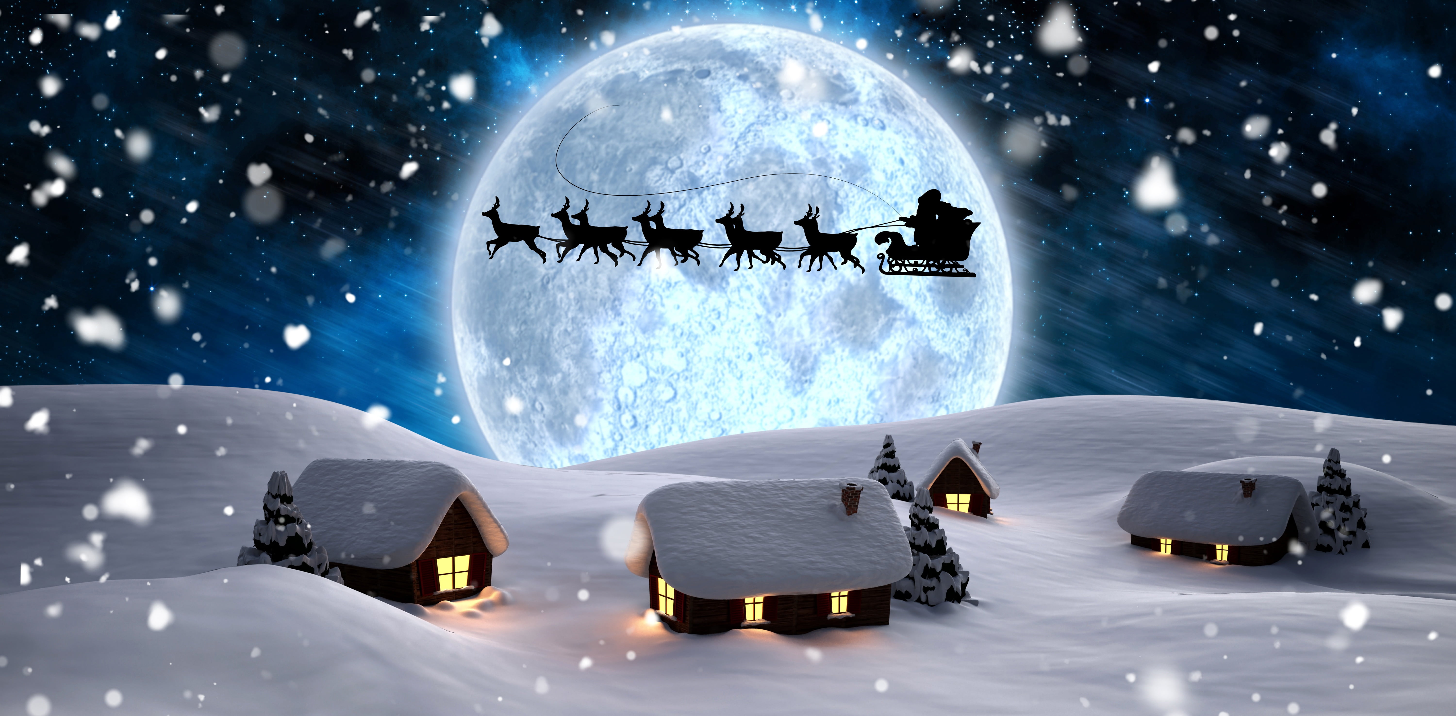 snowflake, frozen, travel, architecture, rendering, frost, digital composite, snow, ice, deer, 5K, snowflakes, mountain, blue, santa, tree, season, no people, HD Wallpaper