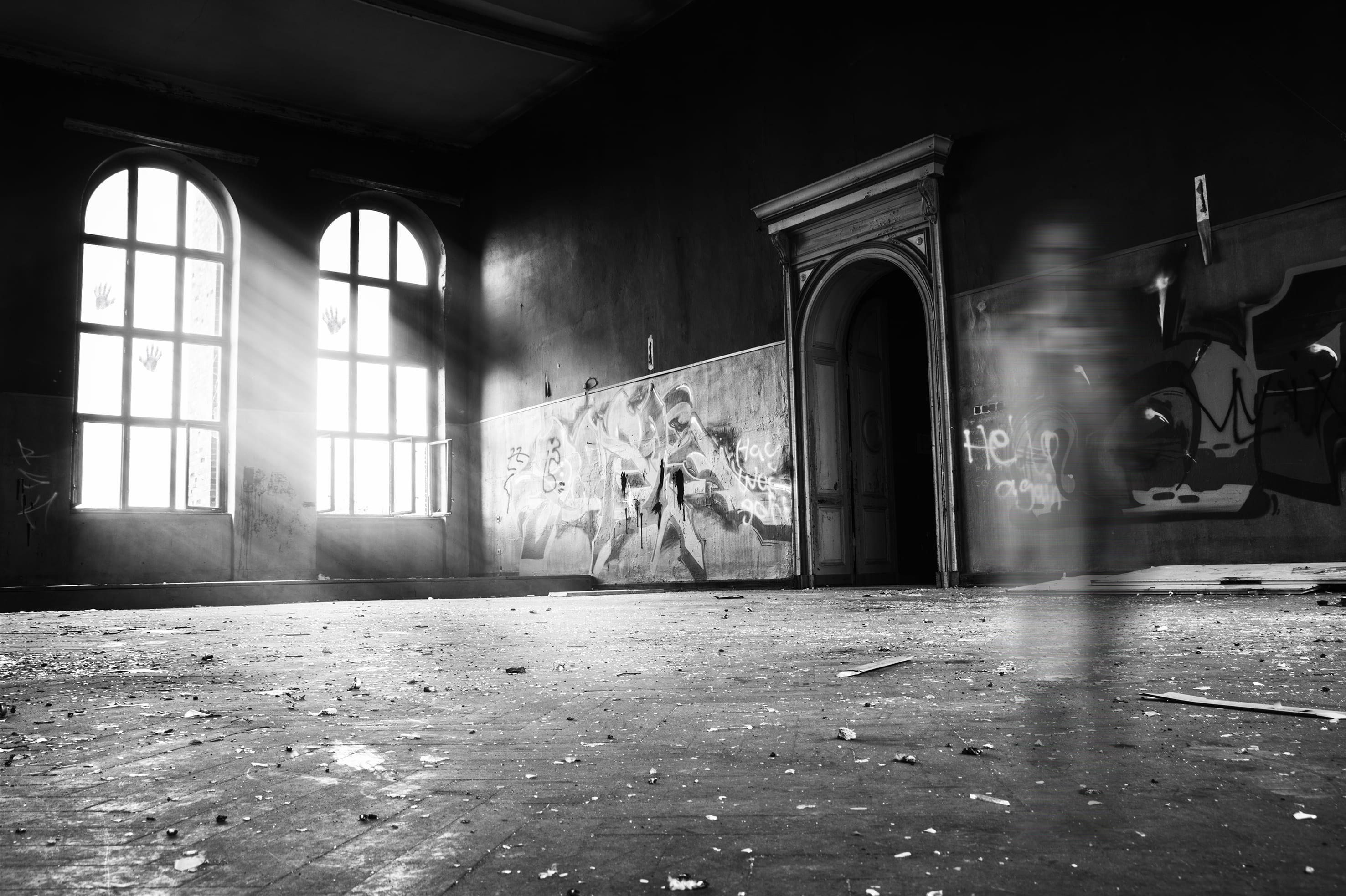 building, ghost, history, lostplace, standing, abandoned, lost place, person, day, run-down, old, interior, obsolete, grayscale, urbanexploring, room, inside, HD Wallpaper