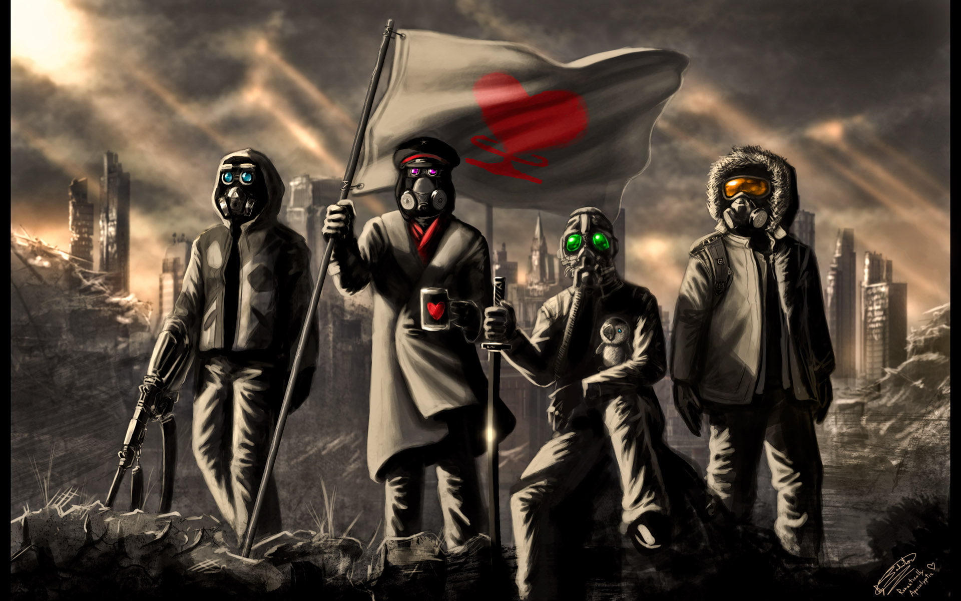 romantically, hd, drawing, 1080P, flag, digital/artwork, mask, gas, apocalyptic, HD Wallpaper