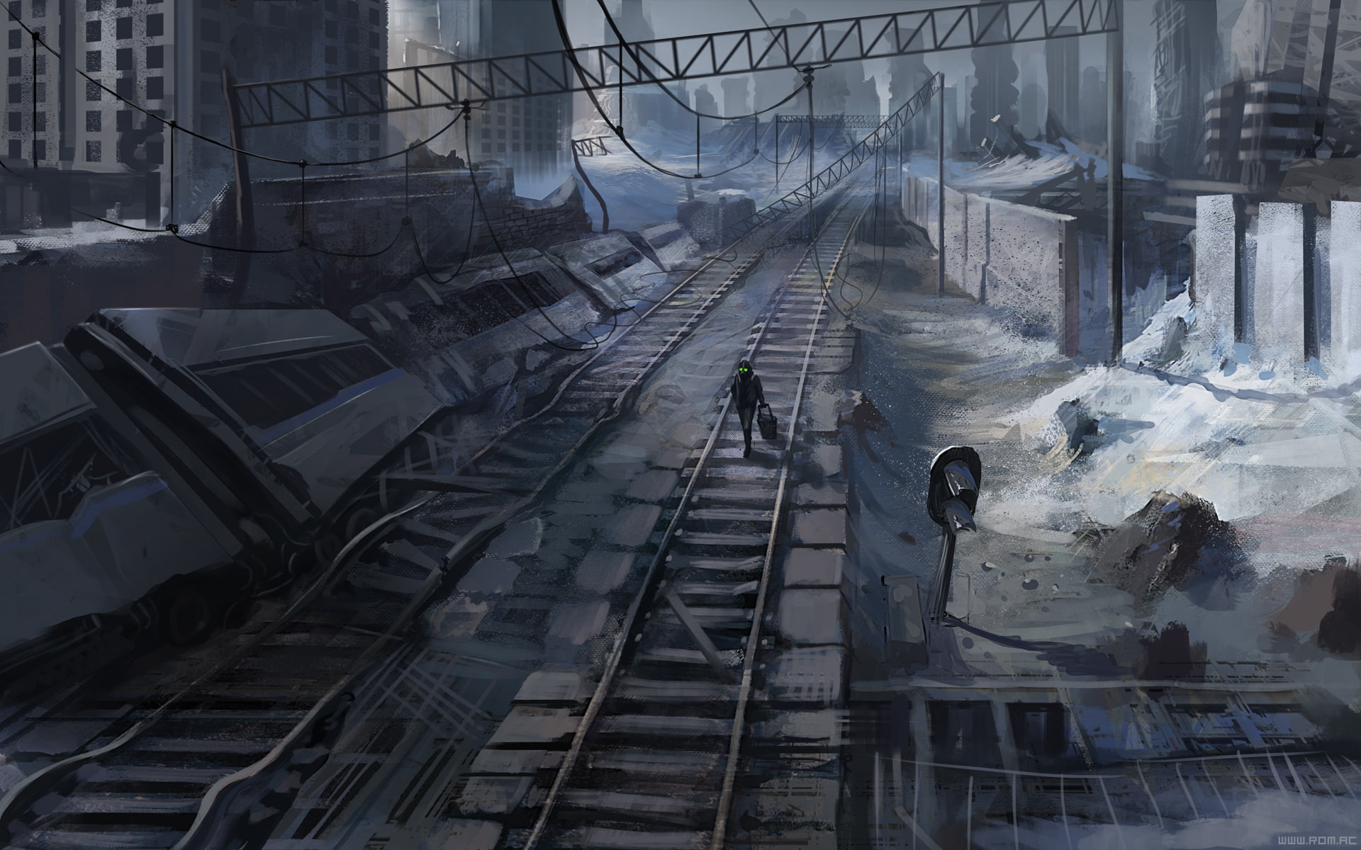 1080P, person, romantically, apocalyptic, digital/artwork, apocalypse, rails, railroad, drawing, hd, HD Wallpaper