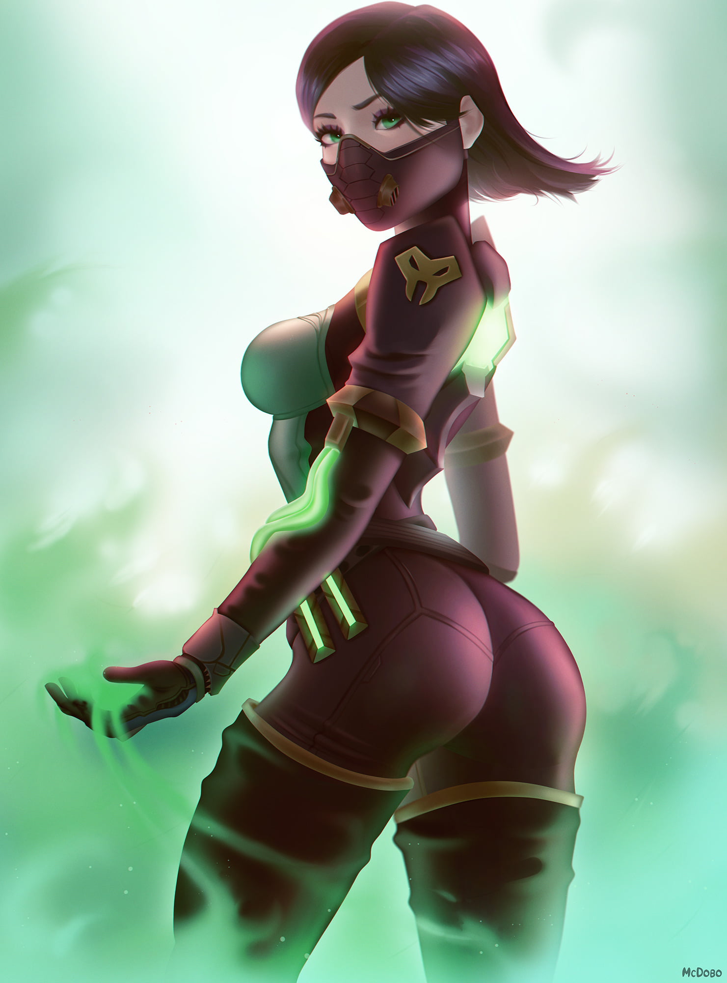 back, illustration, ass, mask, video game girls, fan art, digital art, artwork, Valorant, video game characters, Riot Games, looking back, green eyes, dark hair, Phone HD Wallpaper
