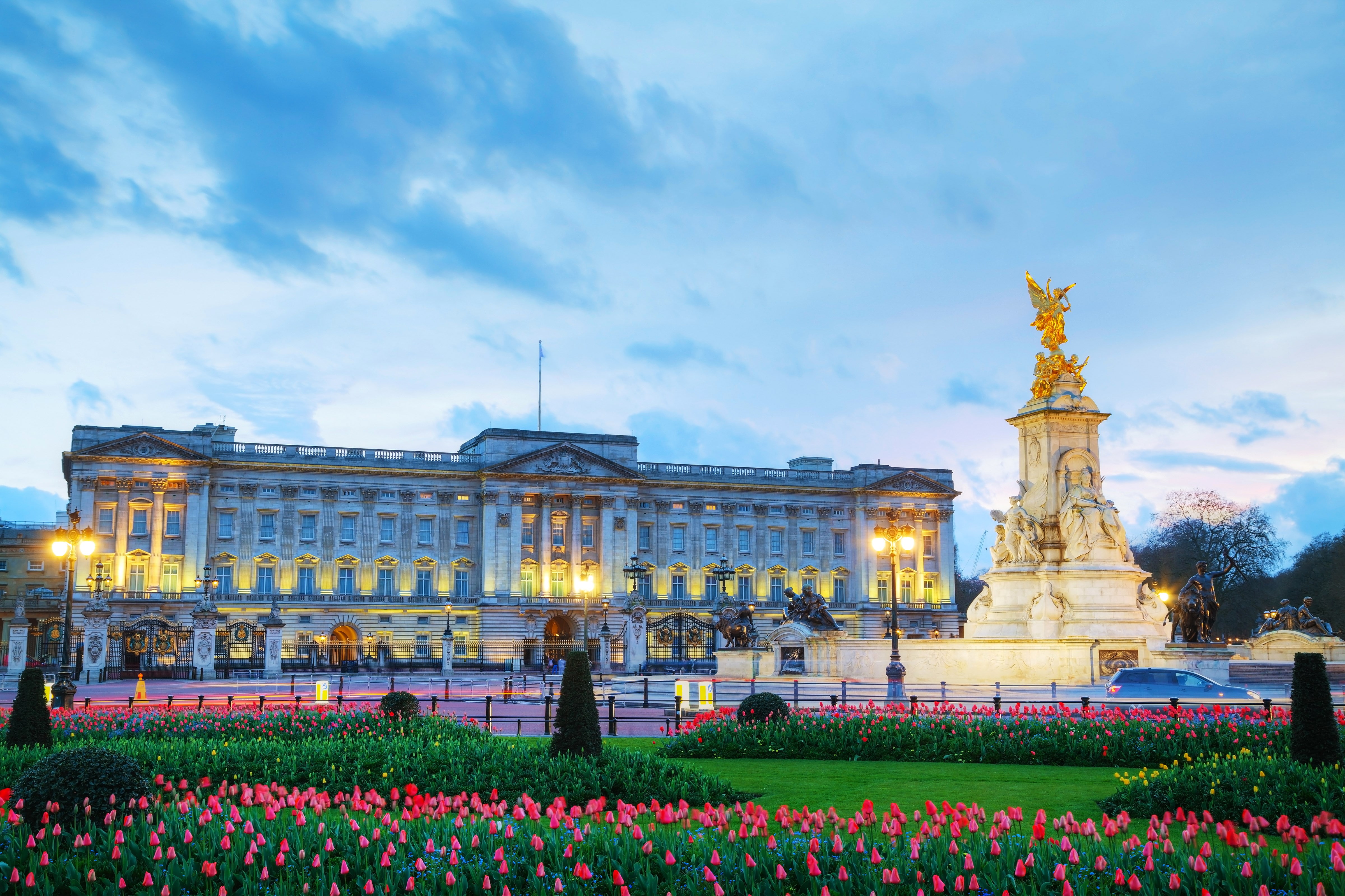 cloud - sky, flowerbed, government, sculpture, 4K, flower, architecture, built structure, tourism, statue, buckingham palace, flowering plant, illuminated, HD Wallpaper