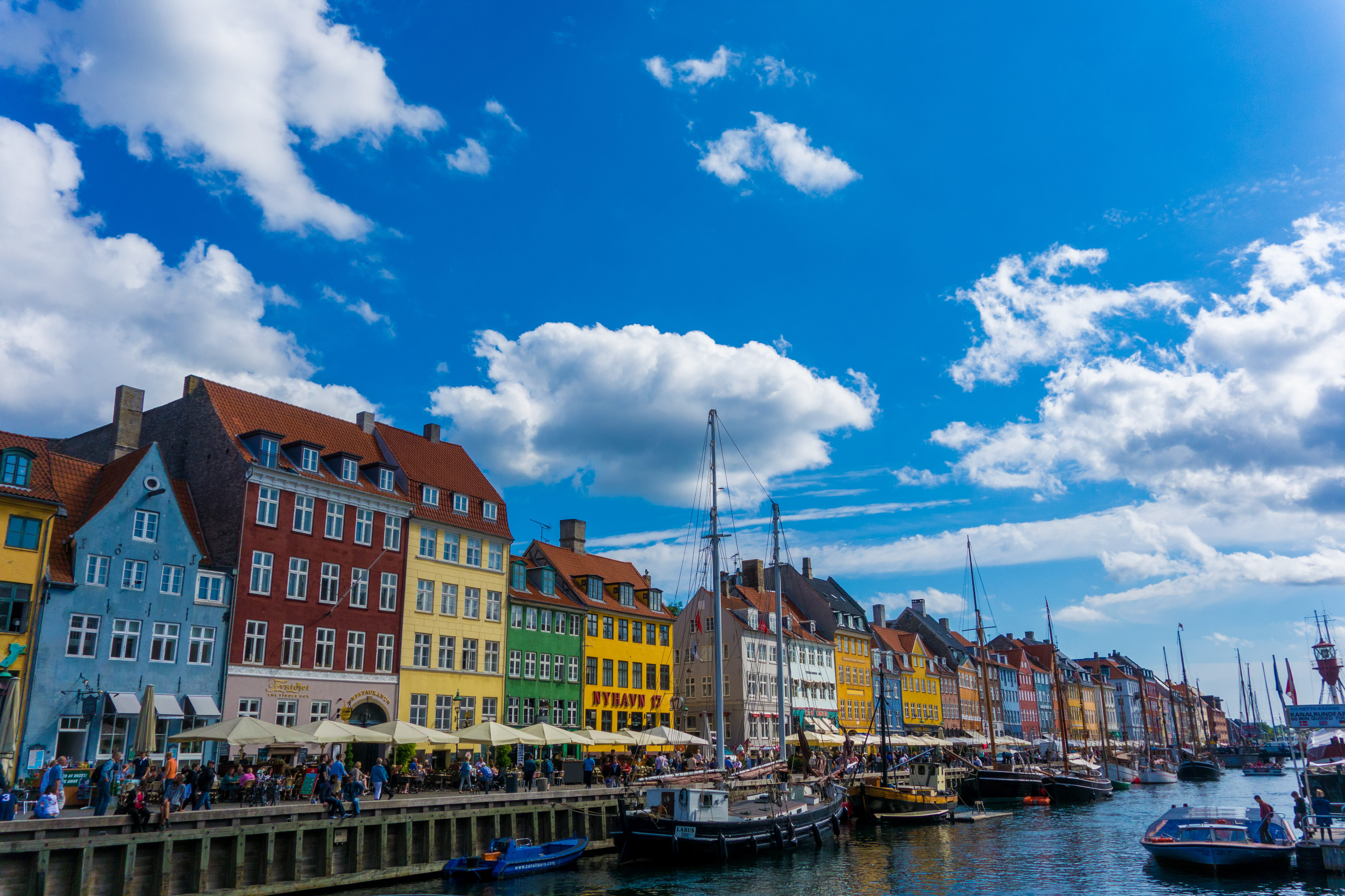 copenhagen, architecture, water, nyhavn, city, canal, cloud - sky, sky, building, waterfront, day, denmark, sailboat, transportation, building exterior, HD Wallpaper