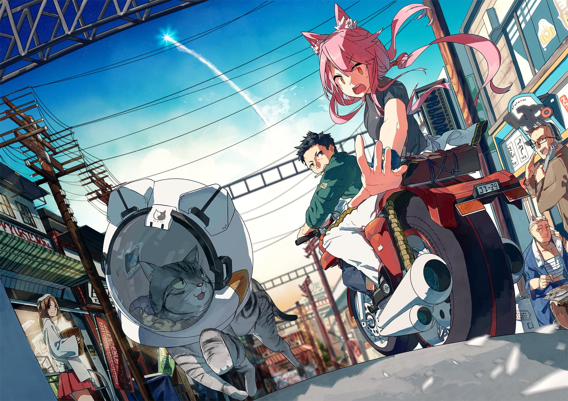 animal ears, group of people, togetherness, young men, woman, 1080P, illustration, day, built structure, nature, cat, sky, architecture, outdoors, sunlight, HD Wallpaper