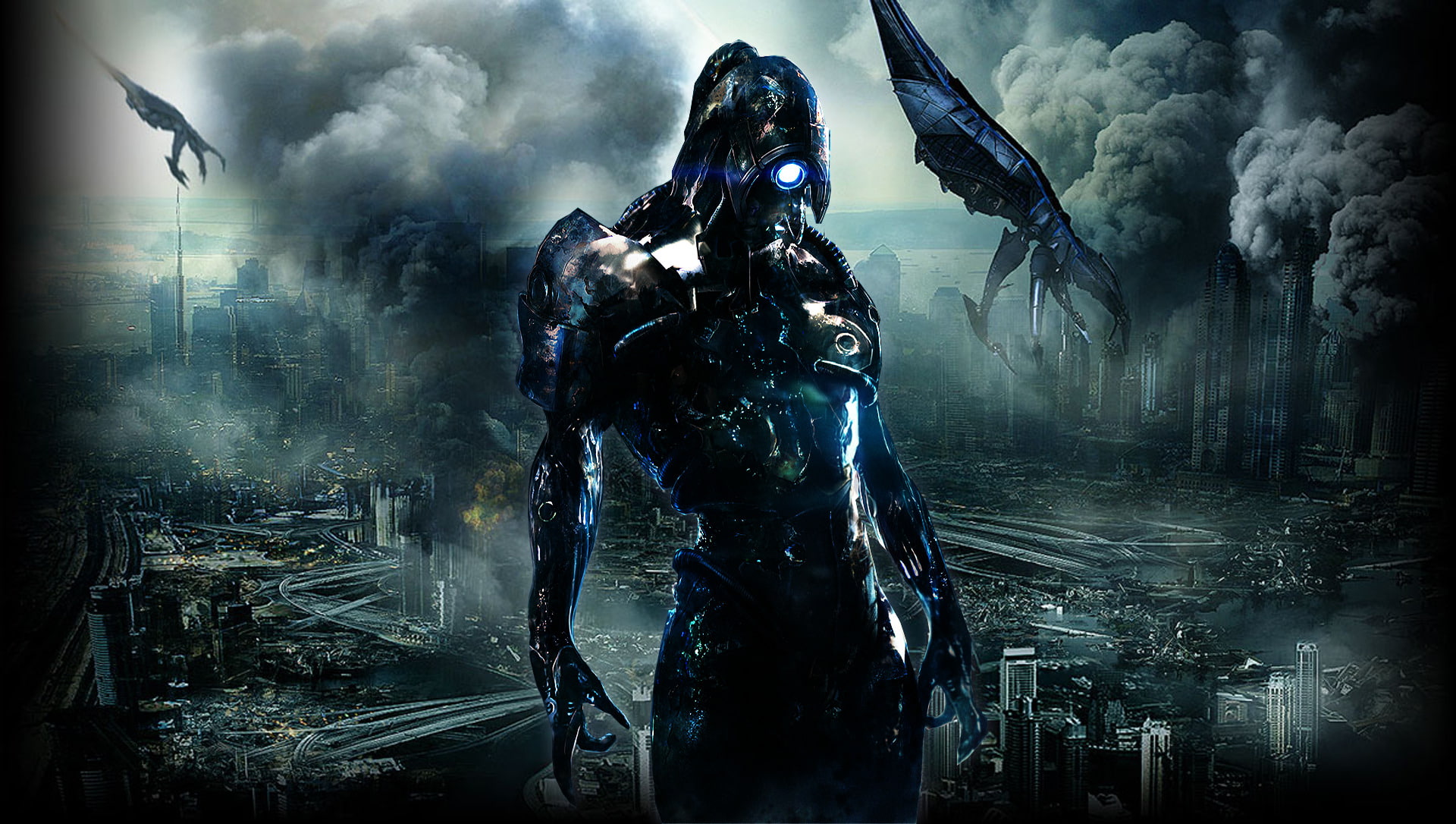 adult, clothing, 1080P, futuristic, fear, smoke - physical structure, evil, helmet, smog, Legion (Mass Effect), performing arts event, technology, dark, HD Wallpaper