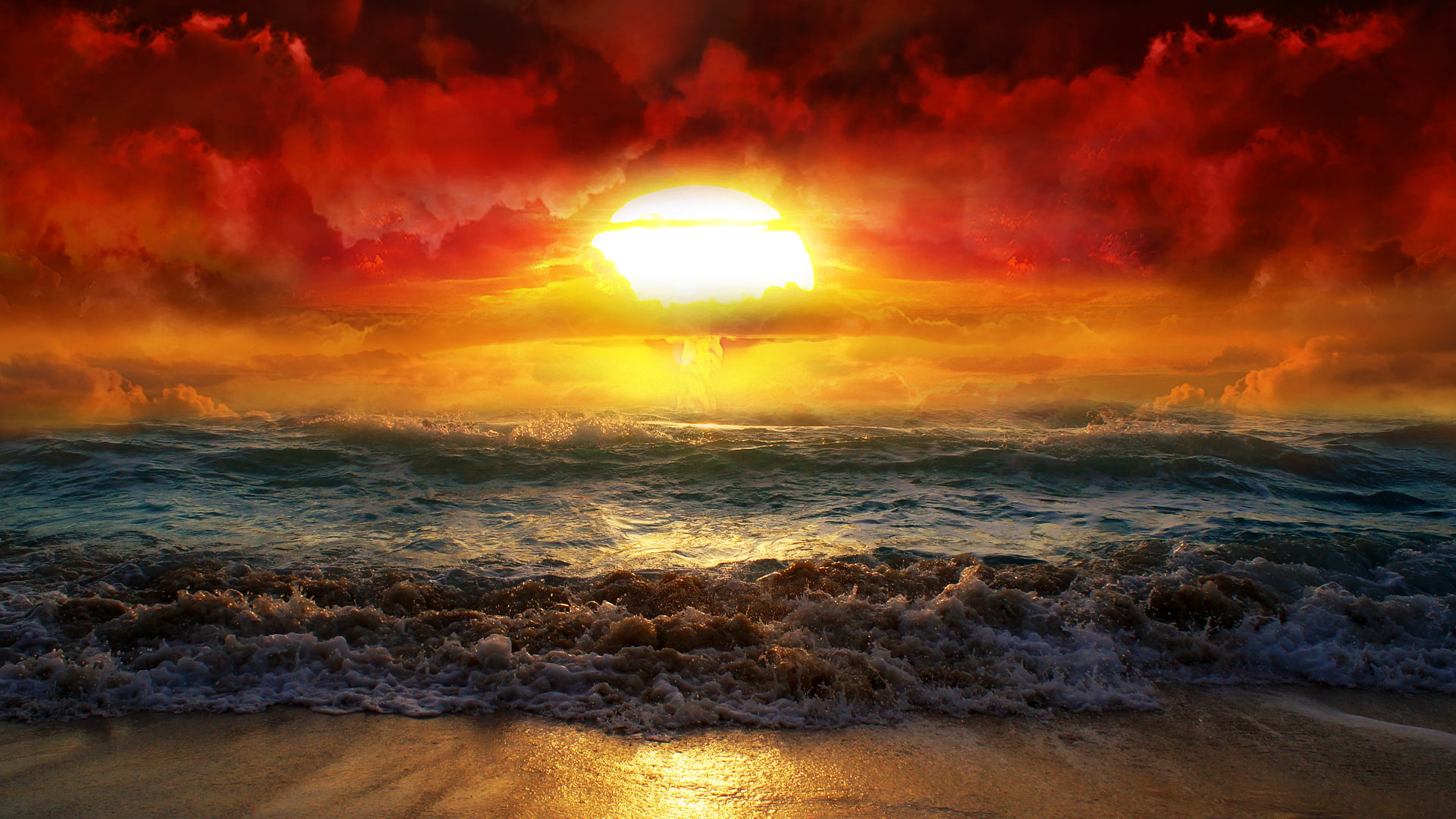 nature, 1080P, waves, atomic bomb, beach, apocalyptic, sky, sea, Sun, coast, HD Wallpaper