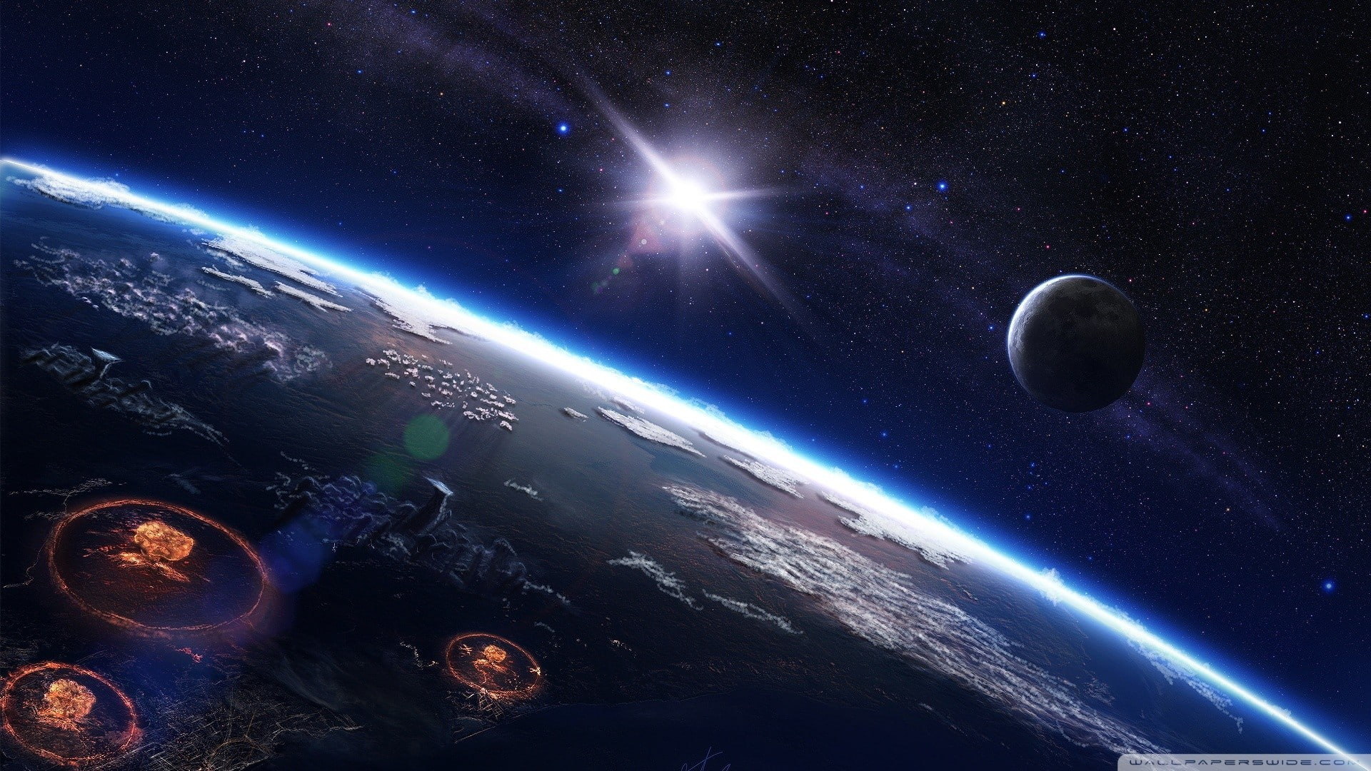 atmosphere, digital composite, cloud - sky, space, planet - space, planet earth, 1080P, no people, apocalyptic, space exploration, blue, astronomy, urban skyline, HD Wallpaper