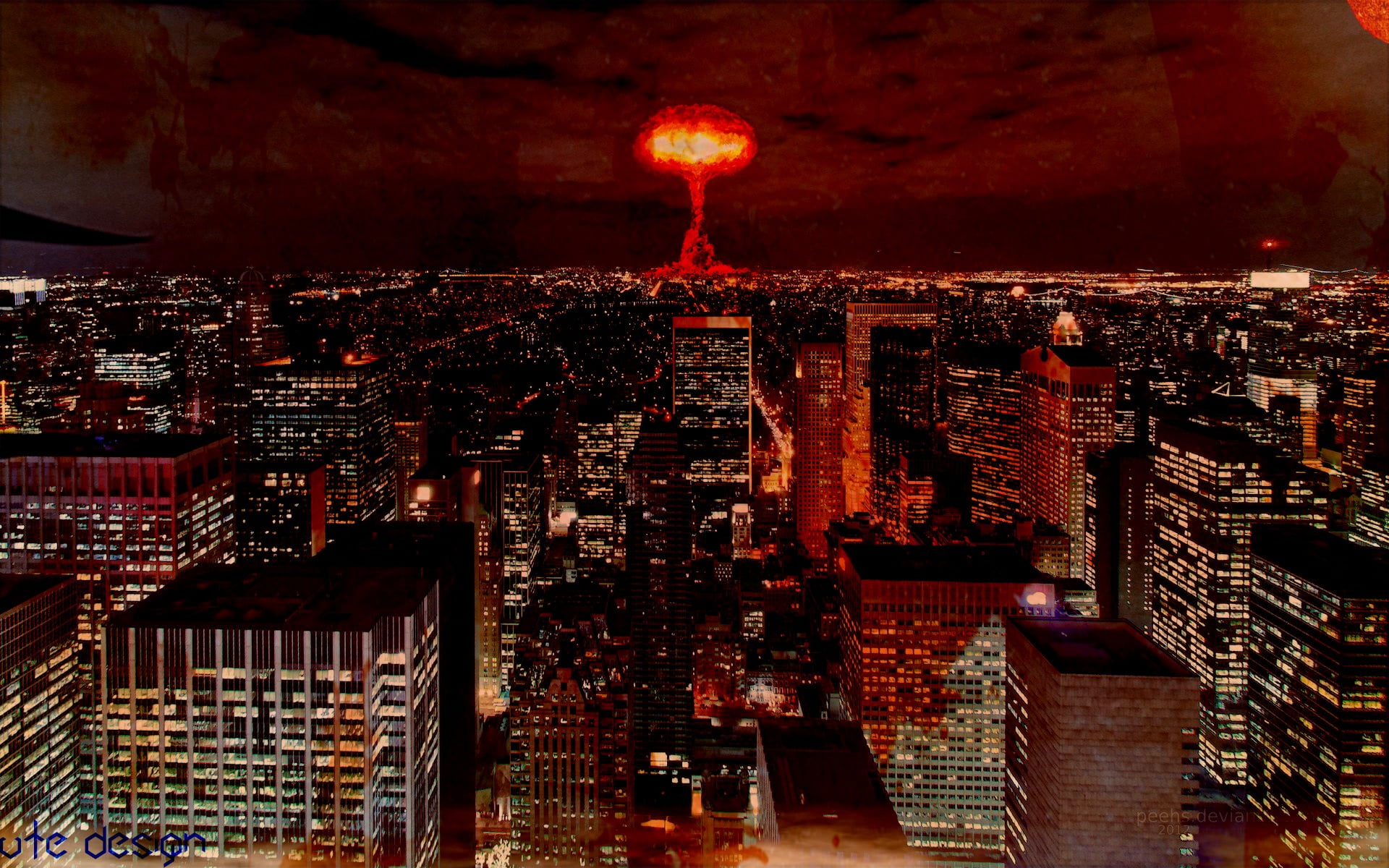 atomic bomb, office building exterior, sky, orange, apocalyptic, cityscape, built structure, digital art, crowded, skyscraper, dark, night, financial district, HD Wallpaper