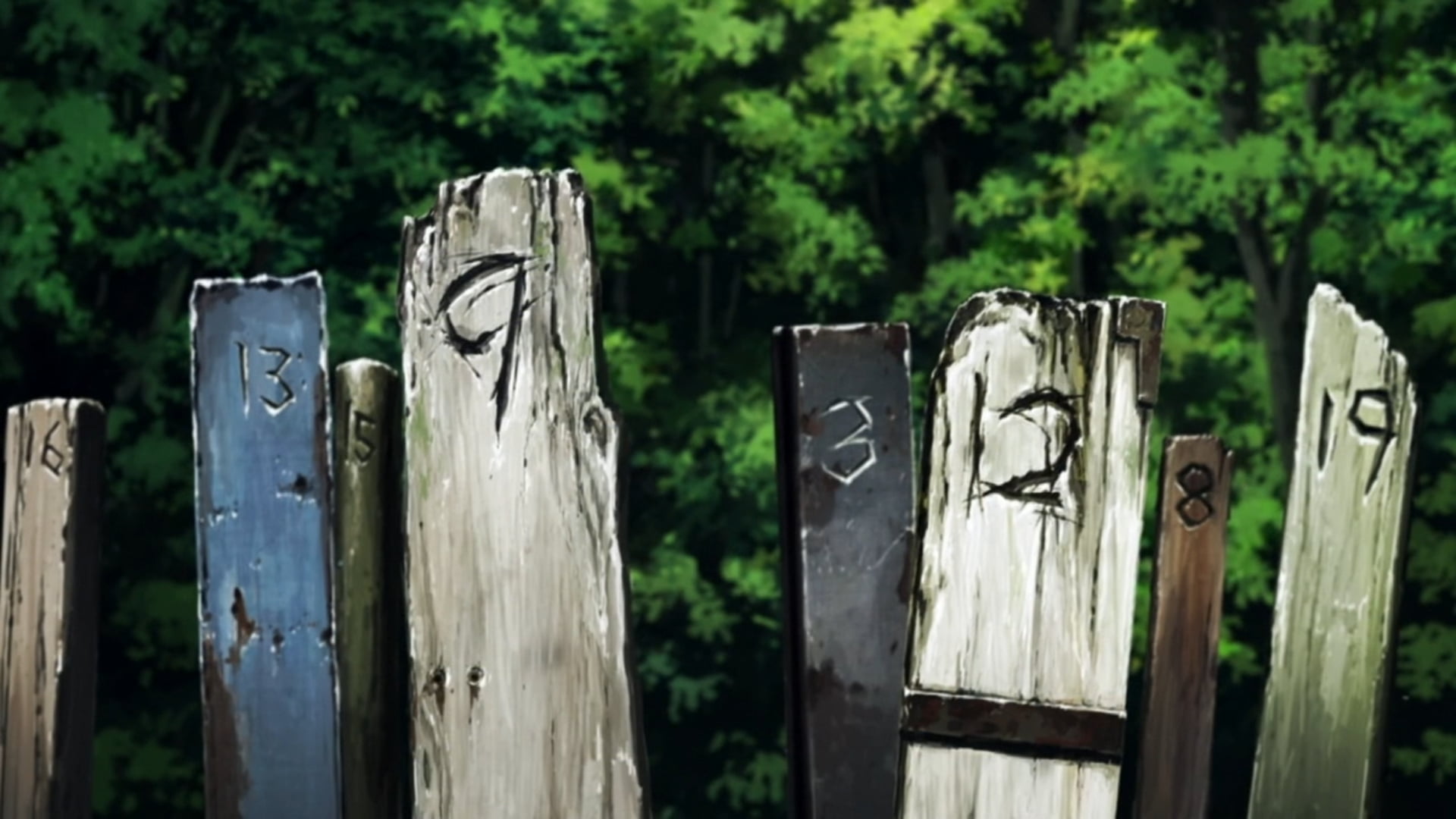 focus on foreground, Zankyou no Terror, wood - material, number, barrier, no people, text, tree, safety, plant, nature, day, communication, post, green color, HD Wallpaper
