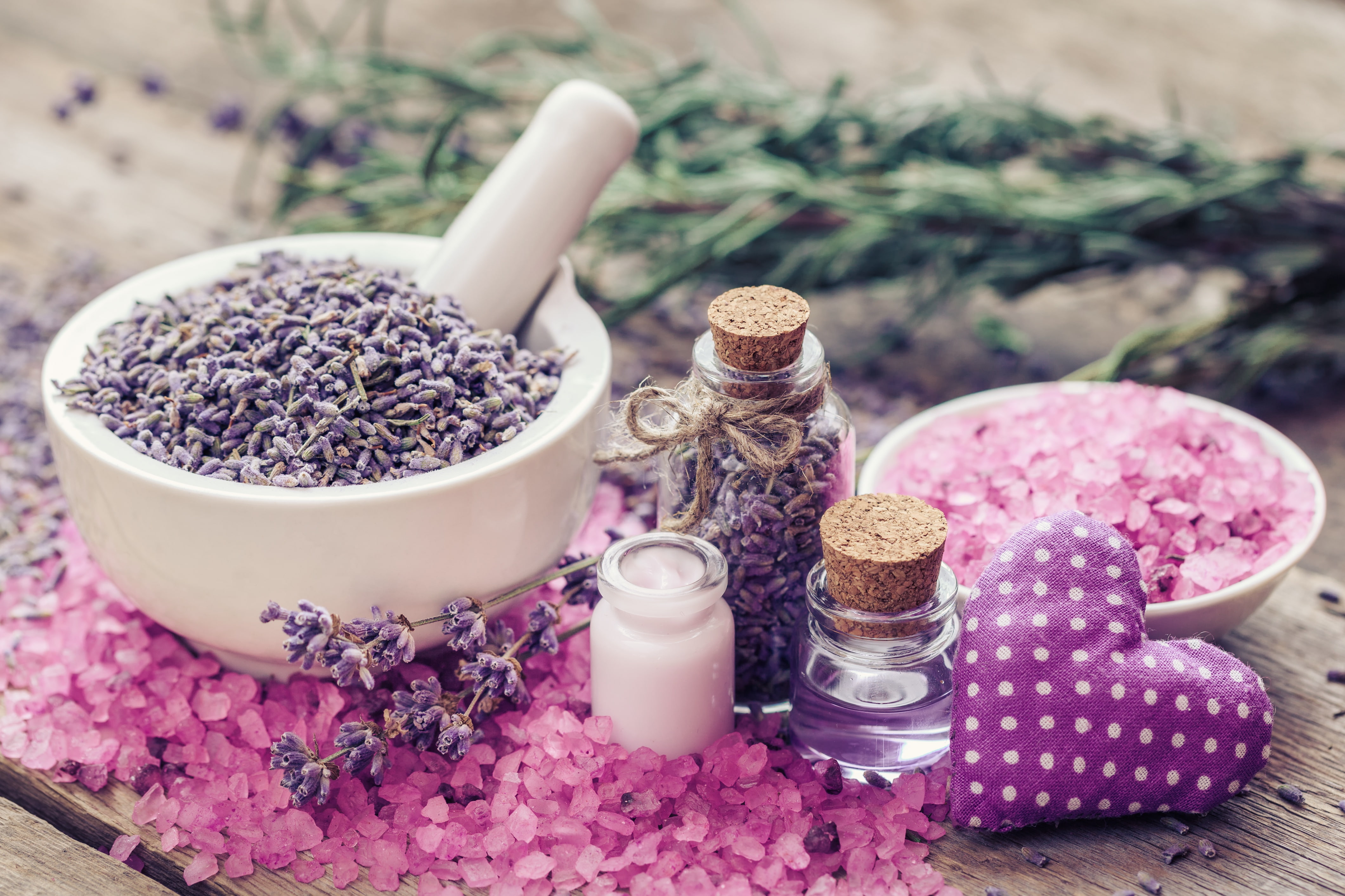 lavender, salt, spa, oil, pink, 4K, heart, HD Wallpaper