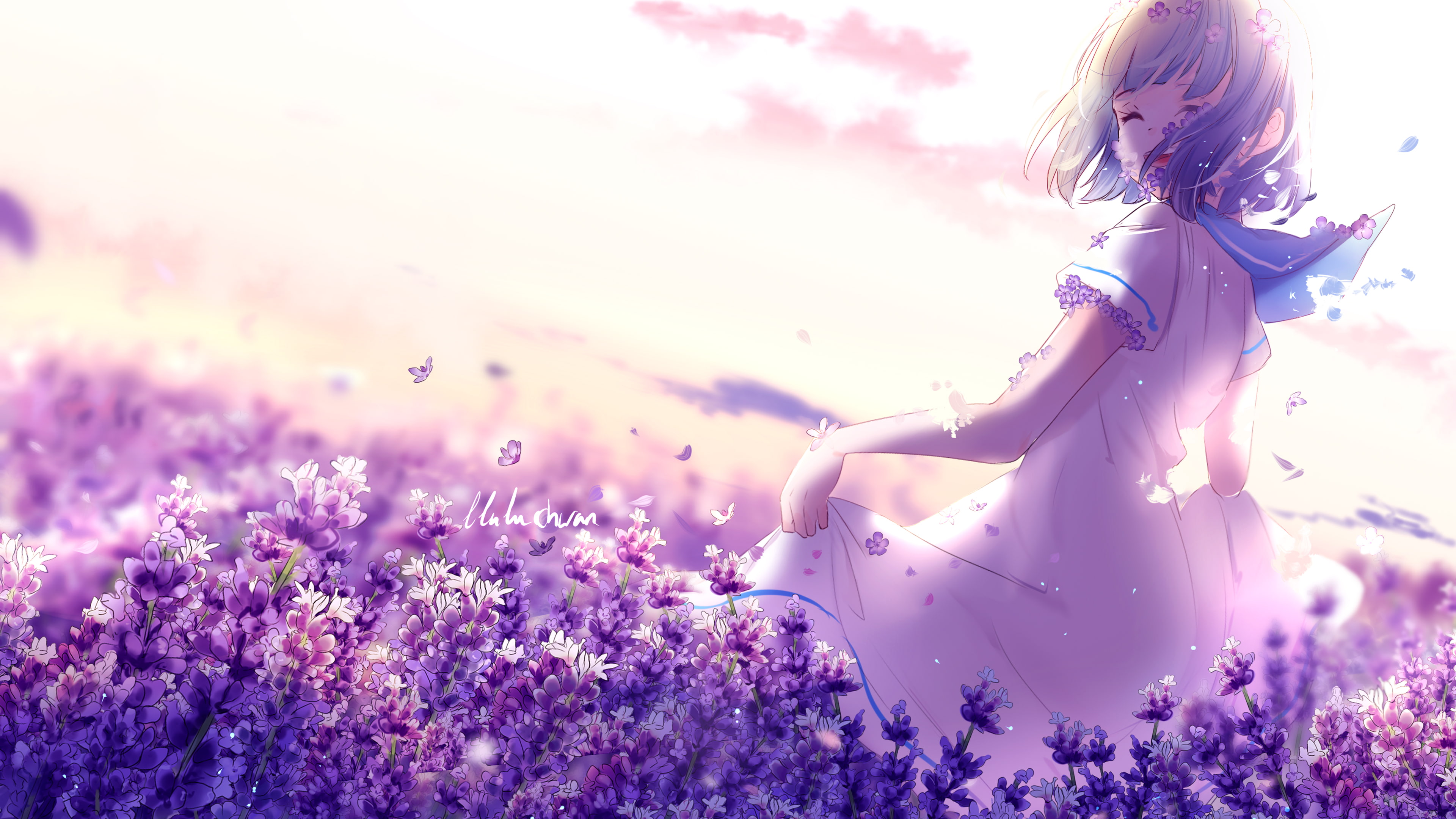 child, k, land, plant, Lavender, real people, growth, Girl, Anime, hair, flower, Purple, flowering plant, outdoors, hairstyle, field, Flowers, females, HD Wallpaper