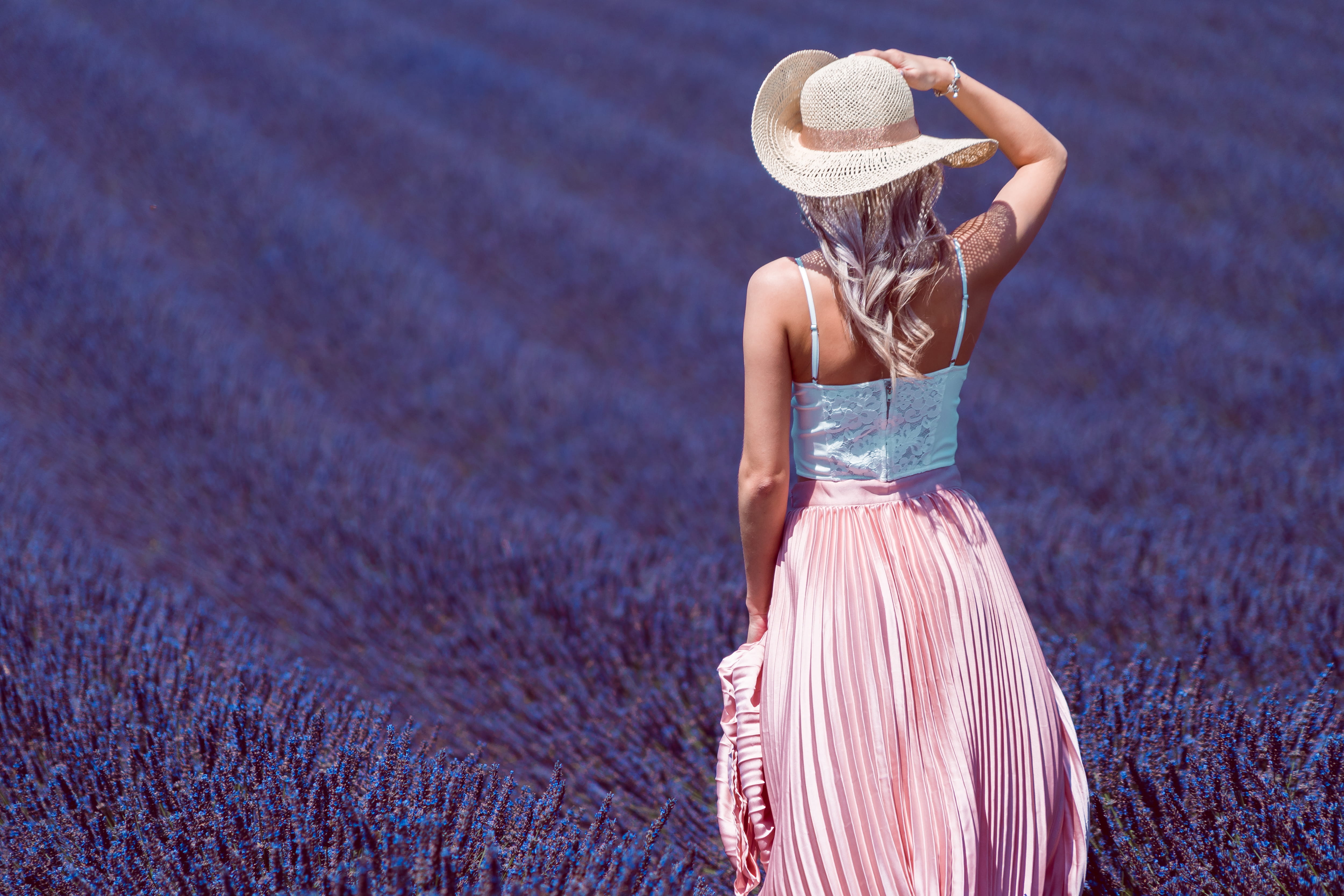 farm, room for text, hairstyle, leisure activity, women, people, young women, day, fashion, outdoors, violet, woman, hair, fields, clothing, hat, beauty, HD Wallpaper