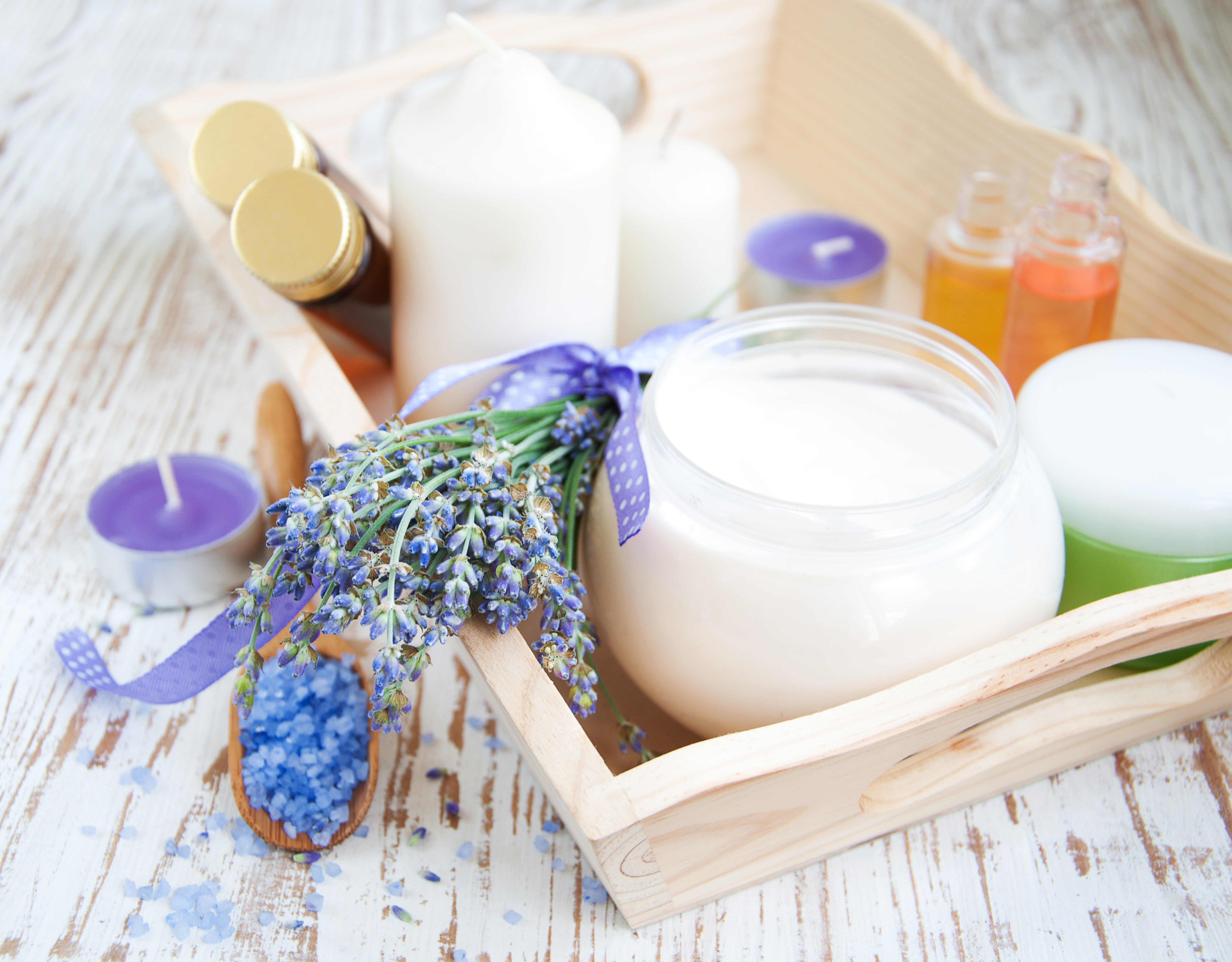 white, sea salt, cream, pillar, candles, lavender flowers, lavender, the flowers of lavender, candle, 5K, HD Wallpaper
