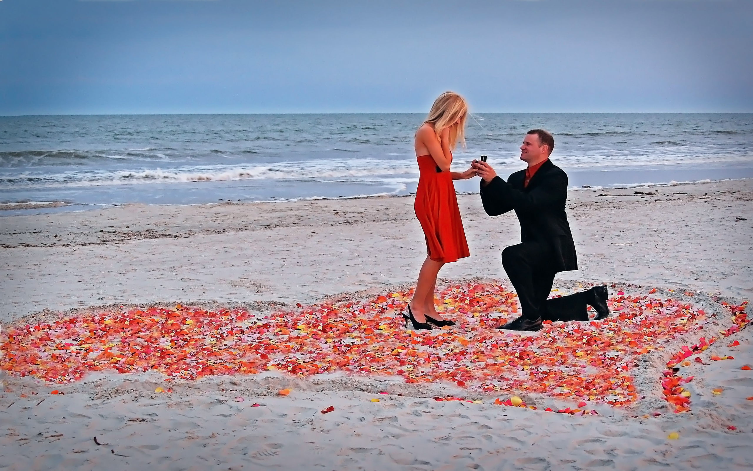 hearts, petals, romantic, soft, beach, 2K, proposal, tenderness, couple, love, HD Wallpaper