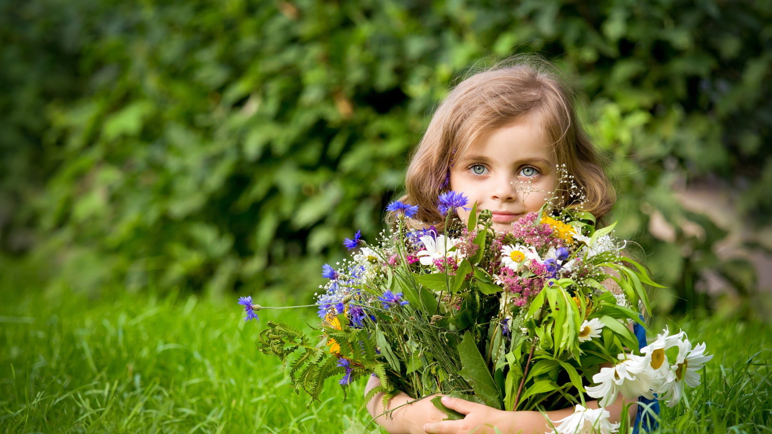 portrait, purple, nature, looking at camera, innocence, red, fragility, child, bouquet, white, children, blue, flowering plant, grass, hair, offspring, HD Wallpaper