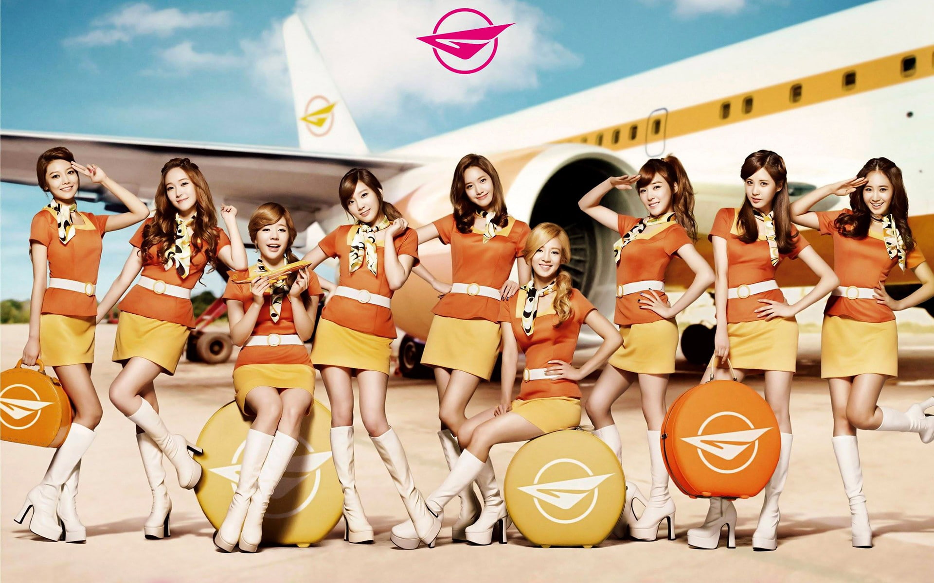 cheerful, sitting, females, Girls Generation, smiling, looking at viewer, lifestyles, airplane, 1080P, standing, group of people, emotion, brunette, K-pop, HD Wallpaper