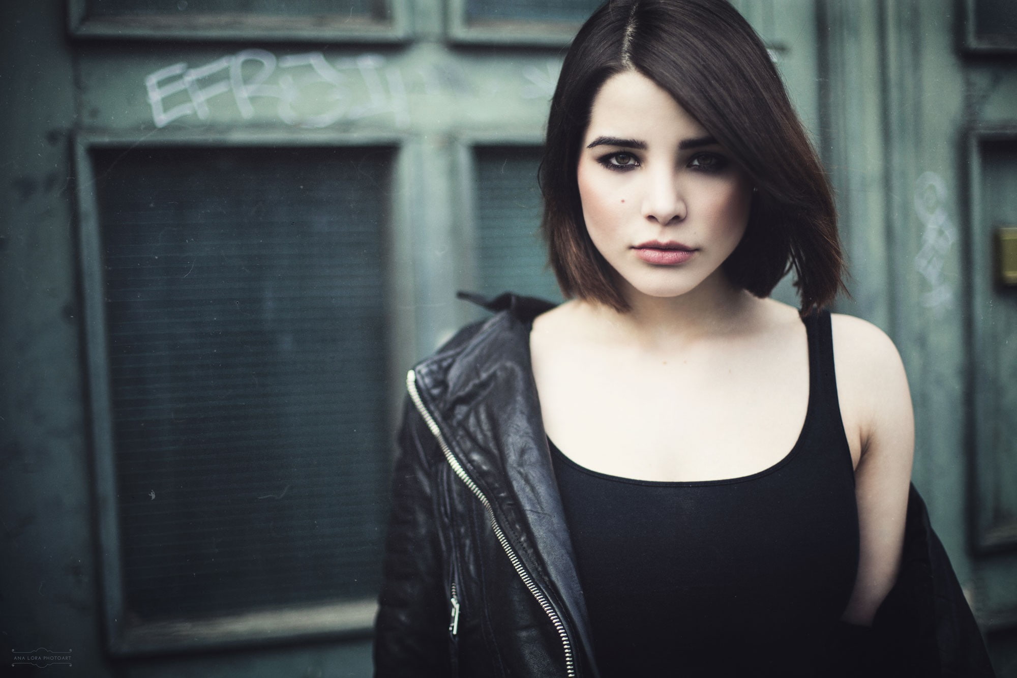 jacket, women, tank top, looking at viewer, women outdoors, black tops, leather jackets, brunette, brown eyes, short hair, Julia Coldfront, 1080P, face, HD Wallpaper