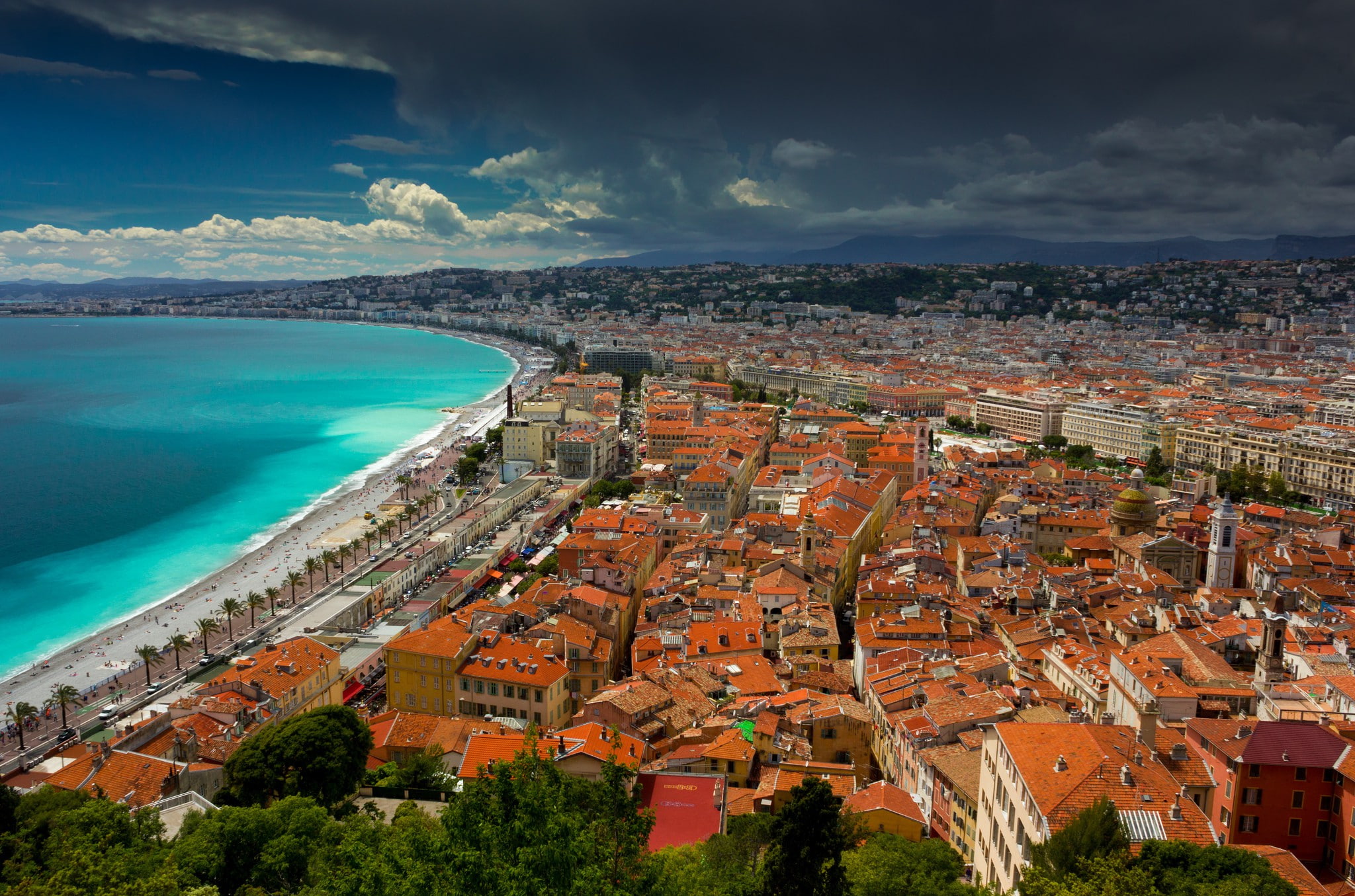 Nice, mountains, city, sky, shore, clouds, 1080P, houses, roof, France, sea, HD Wallpaper