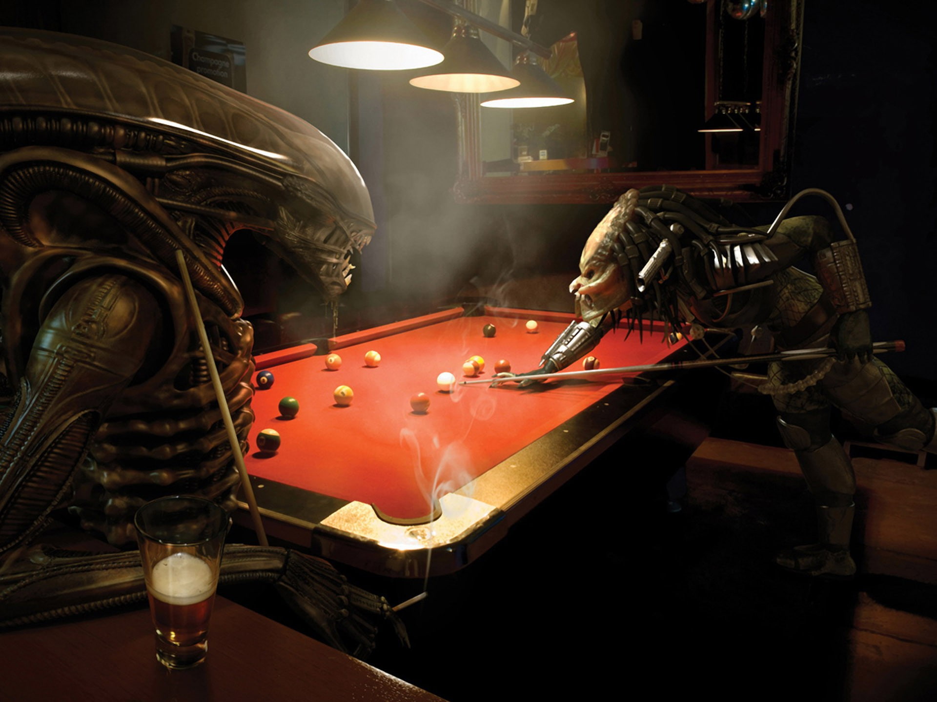 pool, play, table, gray, funny, predator, red, alien, 1080P, HD Wallpaper