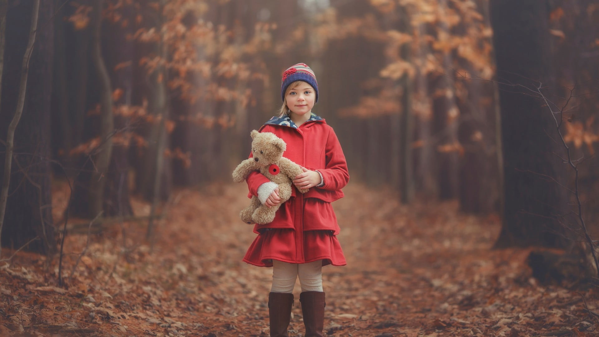 teddy bears, tree, togetherness, warm clothing, leisure activity, red, domestic animals, front view, fall, woolly hat, 1080P, day, real people, clothing, HD Wallpaper