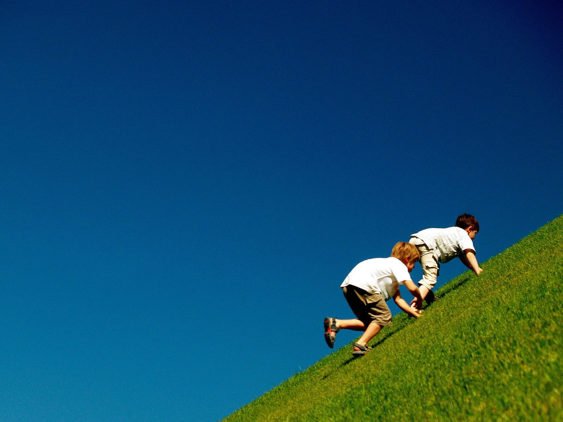 shirt, children, lifestyles, men, two people, copy space, sky, friendship, white, sunny, activity, blue, 1080P, grass, hills, effort, s, boy, clear sky, HD Wallpaper