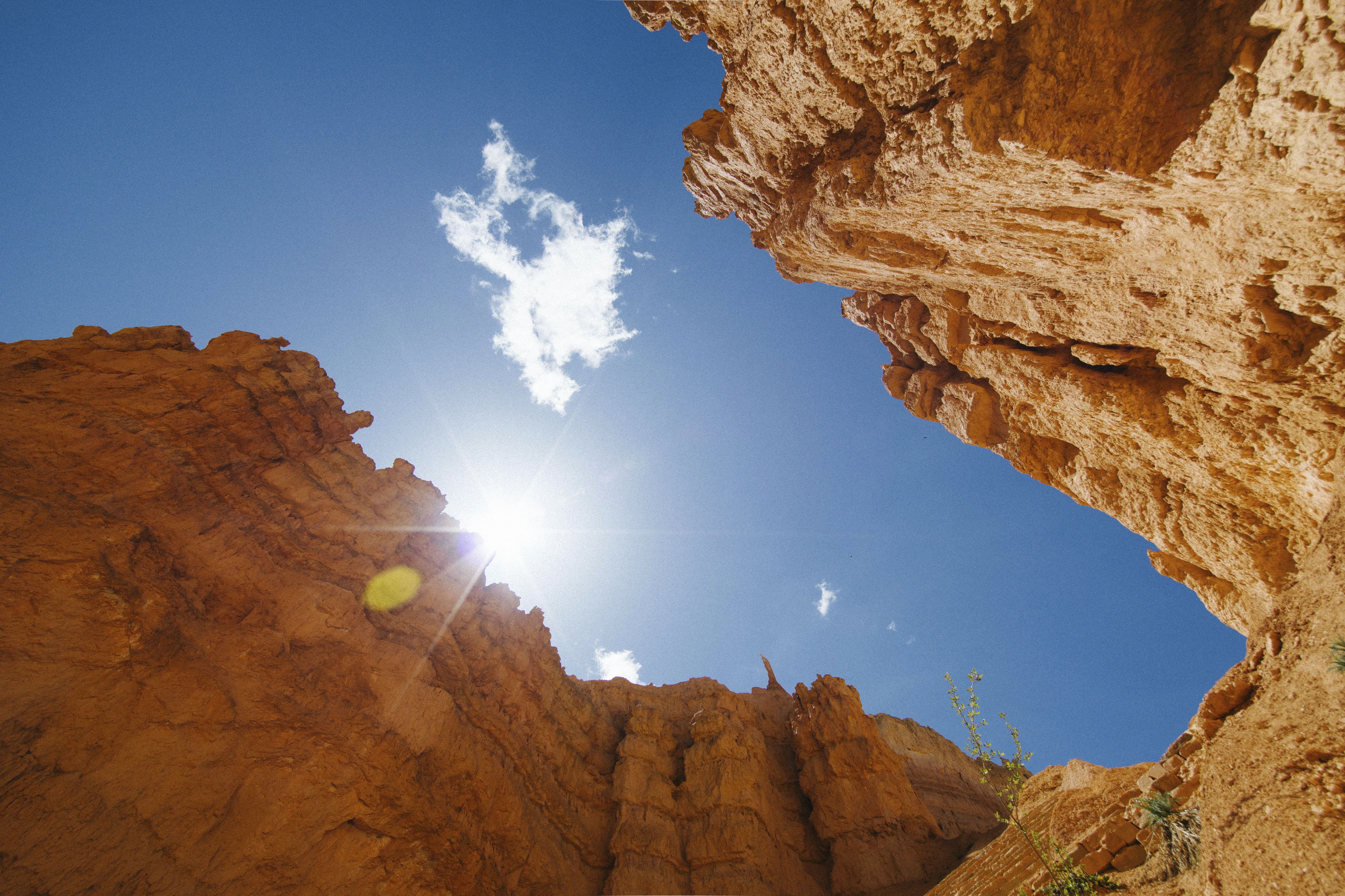 sandstone, eroded, physical geography, scenics - nature, canyon, low angle view, outdoors, 5K, lens flare, sun, geology, utah, sunlight, cliff, clouds, HD Wallpaper