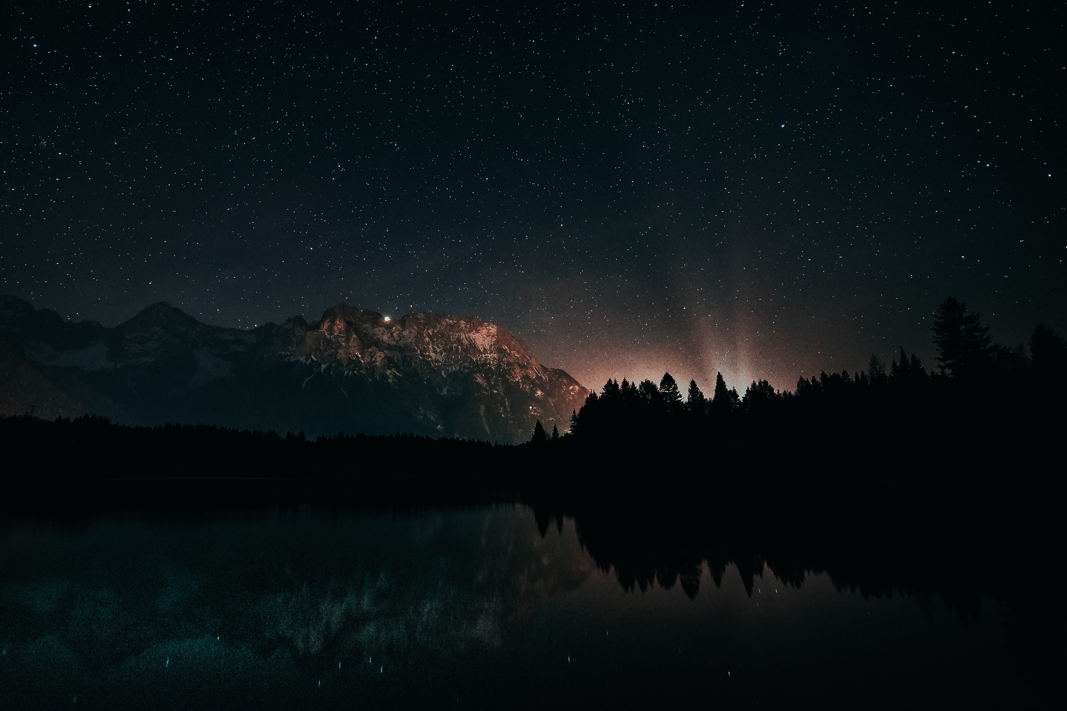 mountains, scenic, trees, photo, sky, beauty in nature, scenics - nature, lake, nature, 2K, milky way, starry sky, landscape, dark, tree, constellation, HD Wallpaper
