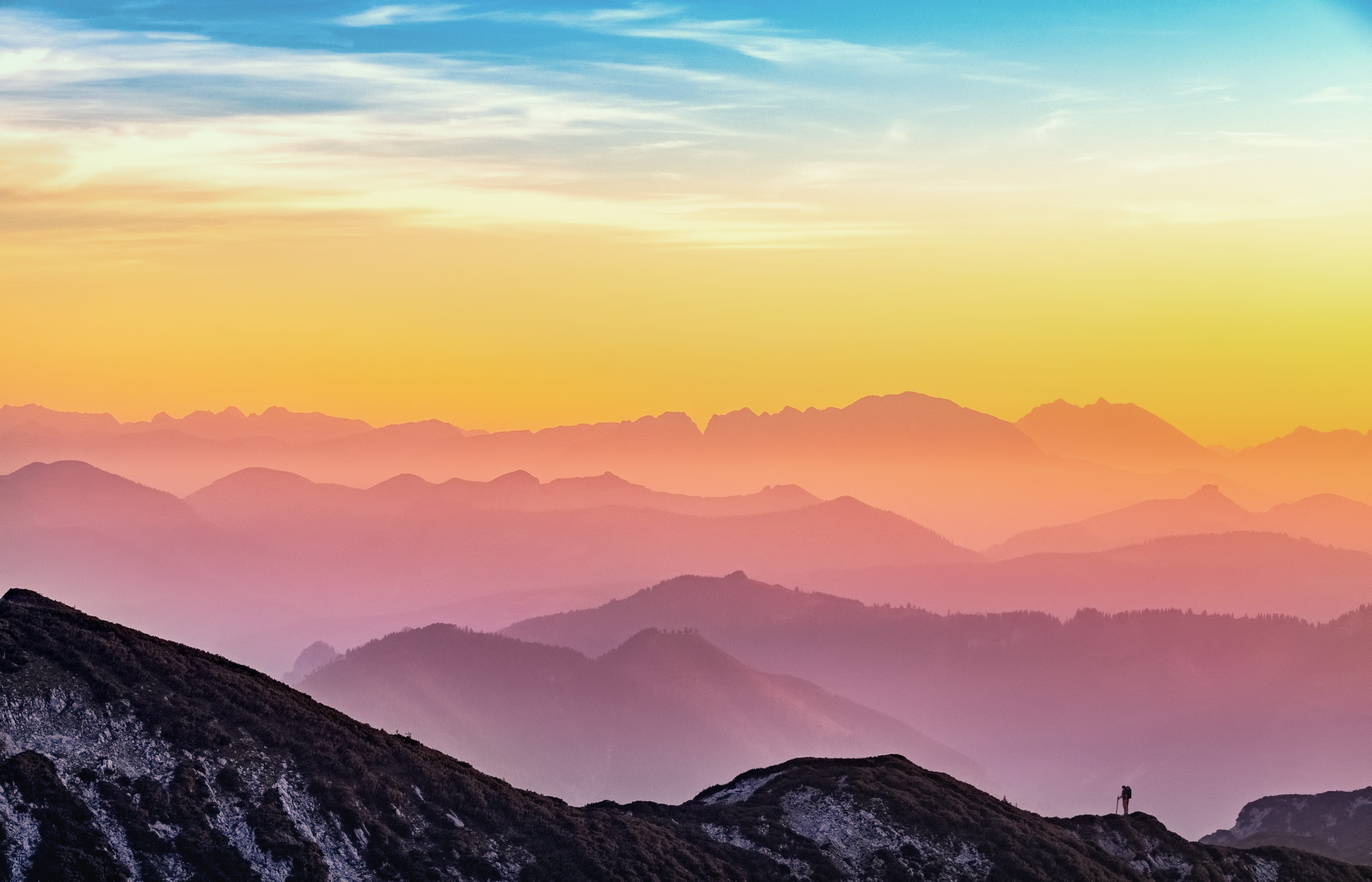 4K, beauty in nature, sunlight, travel, outdoor, sky, mountain peak, morning, mountains, environment, hike, land, scenics - nature, tranquility, explore, HD Wallpaper