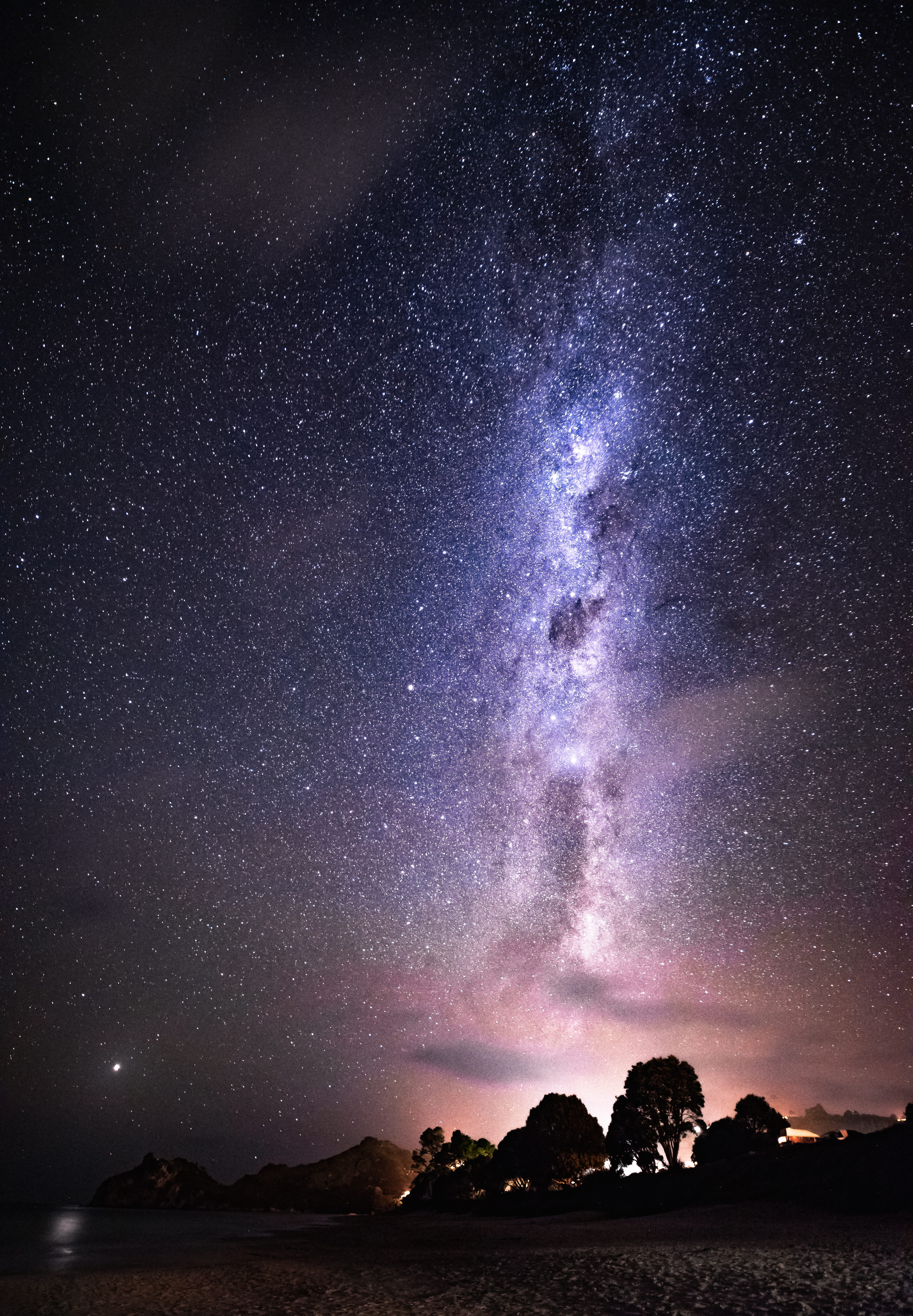 galaxy, sky, water, explore, cosmos, idyllic, star - space, nature, purple, new zealand, astronomy, tranquil scene, milky way, beauty in nature, 5K, tranquility, Phone HD Wallpaper