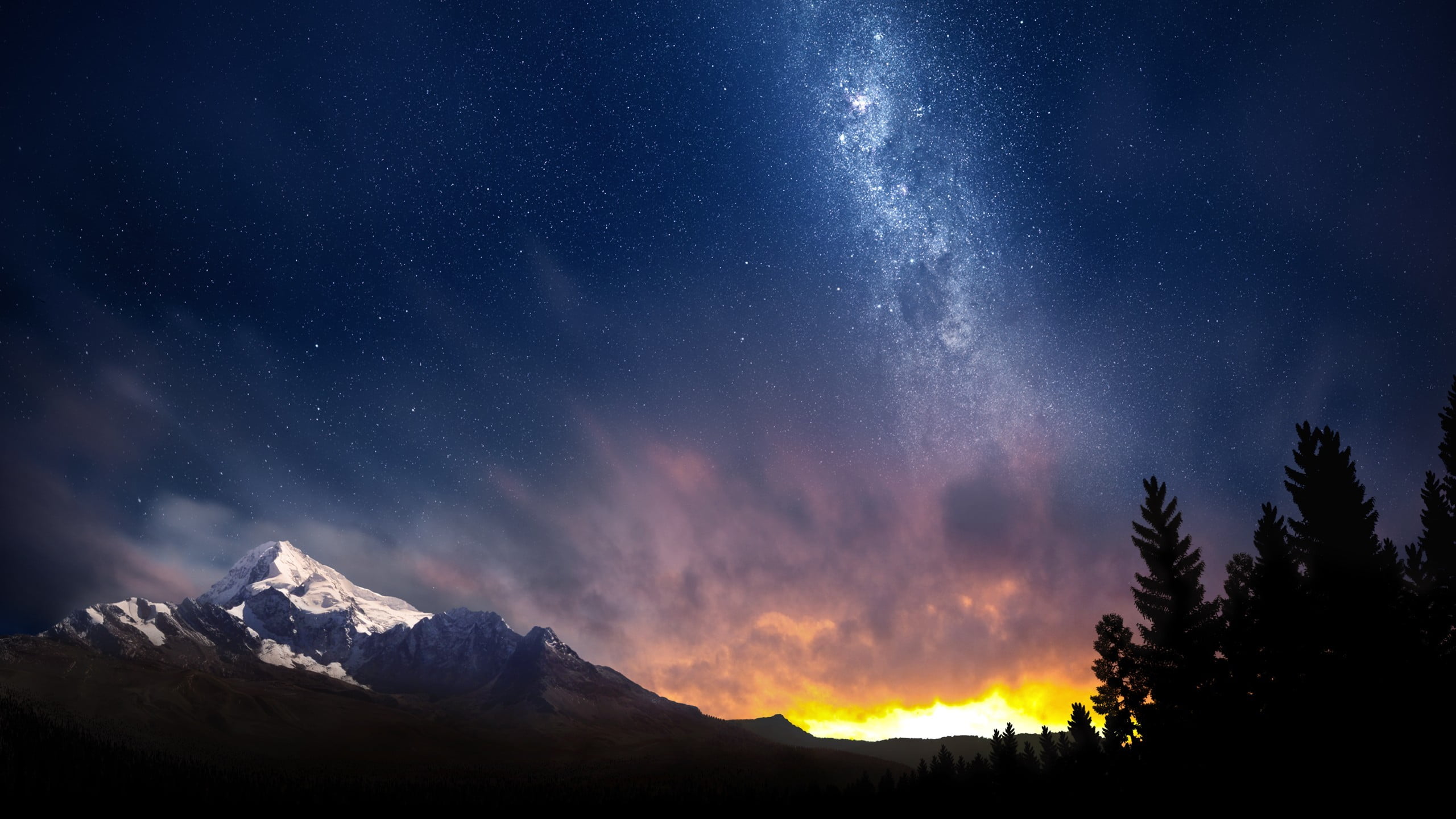 no people, cold temperature, sunset, snow, mountain peak, astronomy, tranquil scene, hour, trees, snowcapped mountain, stars, golden, mountain range, night, HD Wallpaper