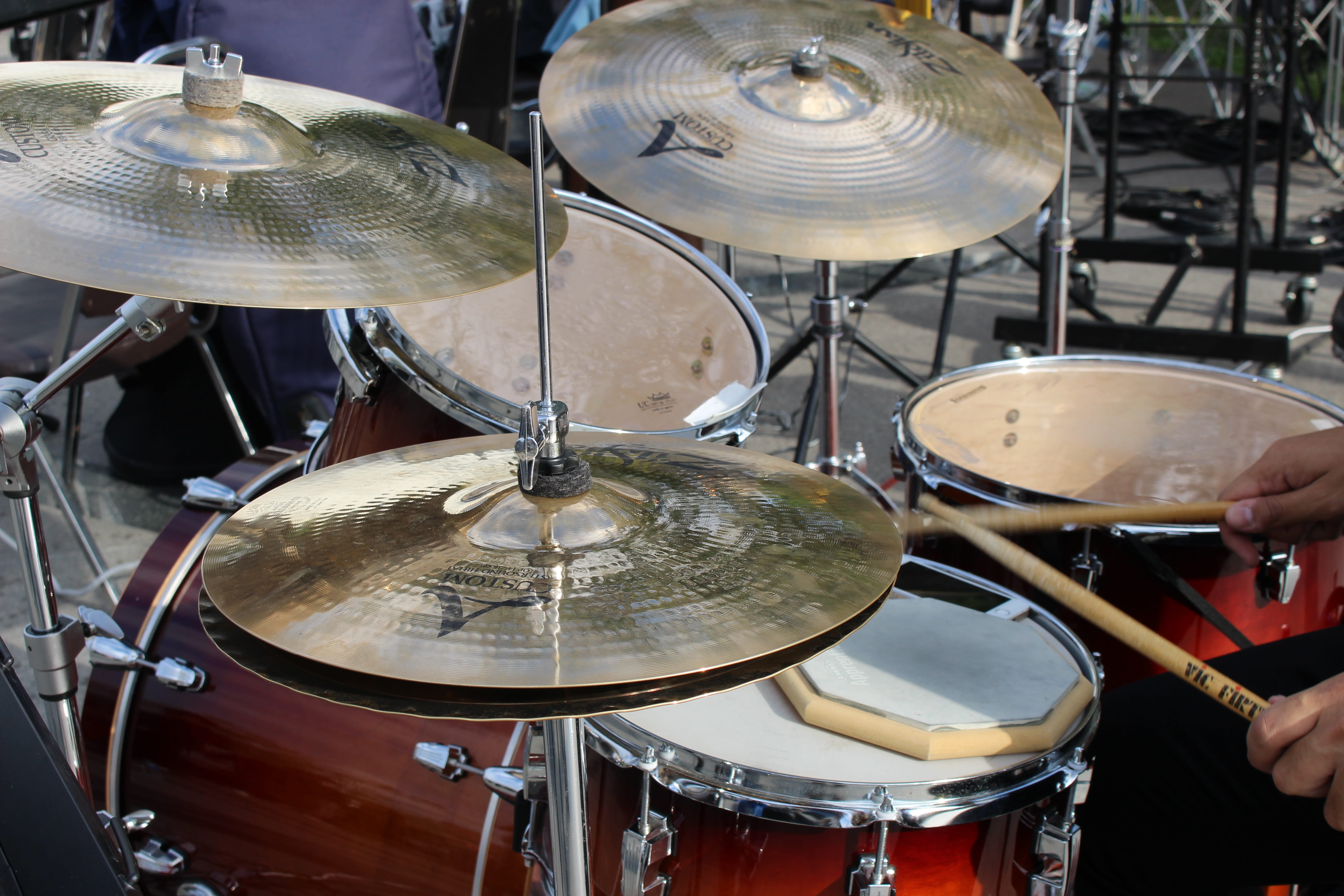 Cymbals, musical Instrument, musical Band, music, loud, equipment, 5K, popular Music Concert, band, Instrument, live, rock, musician, musical, high angle view, HD Wallpaper