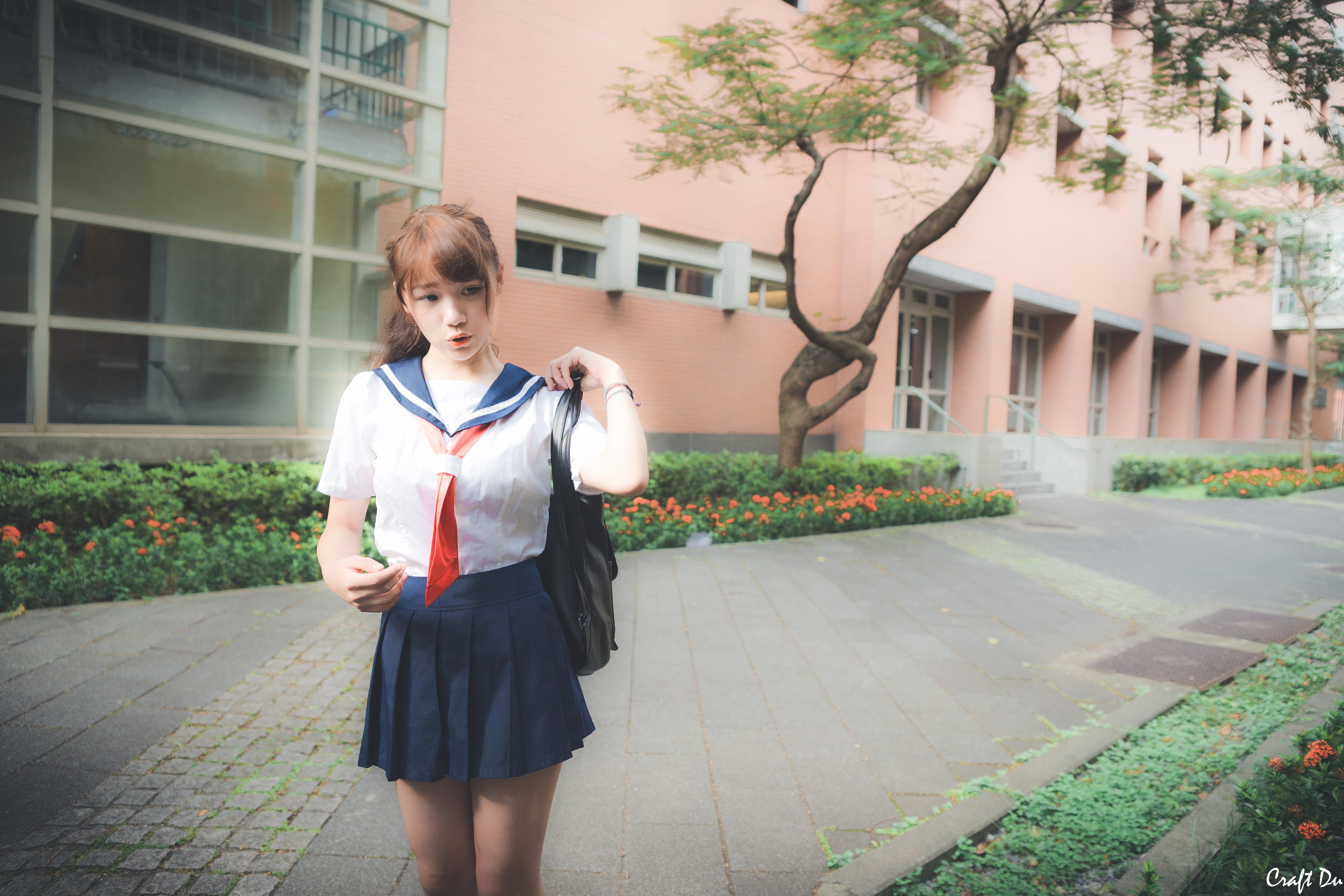 leisure activity, portrait, built structure, uniform, outdoors, Asian, women, architecture, front view, hairstyle, plant, childhood, standing, building exterior, HD Wallpaper