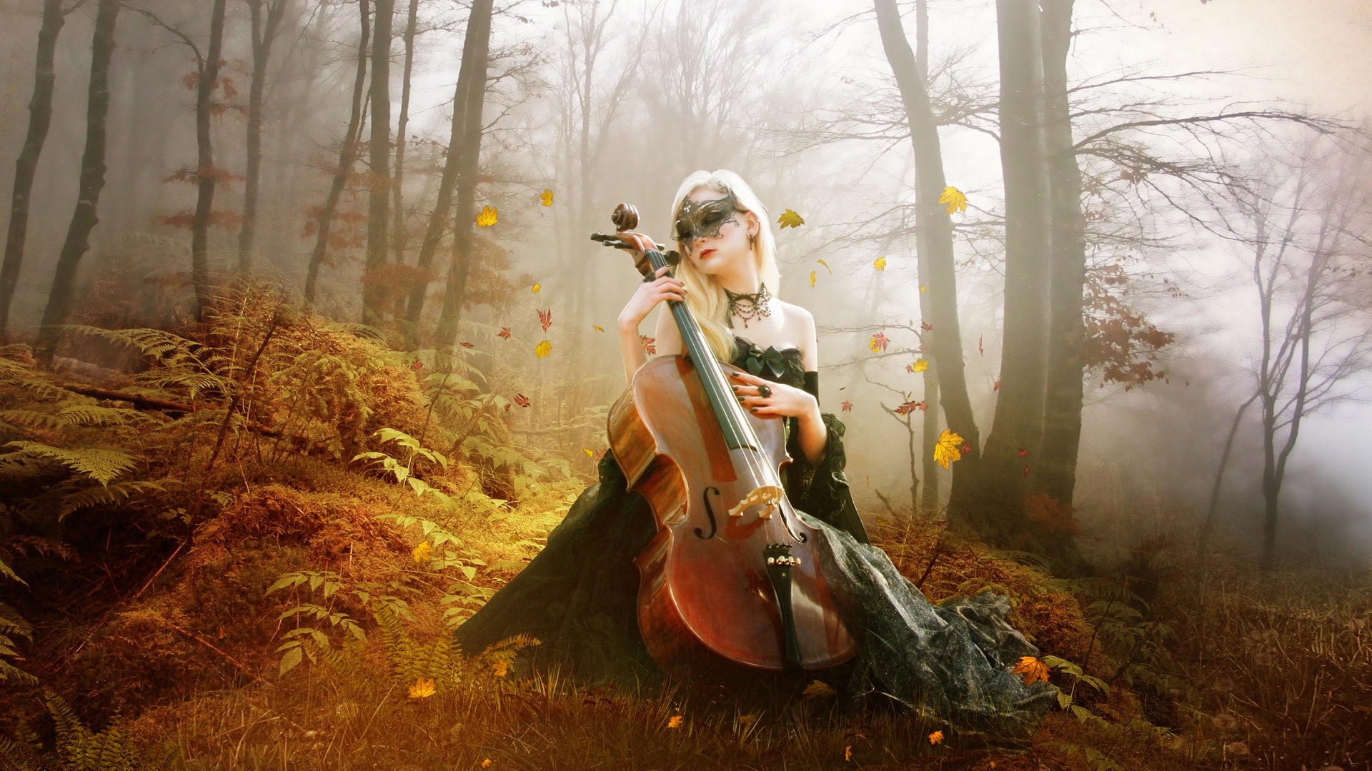 Forest, Beautiful, Guitar, Girl, 1080P, HD Wallpaper