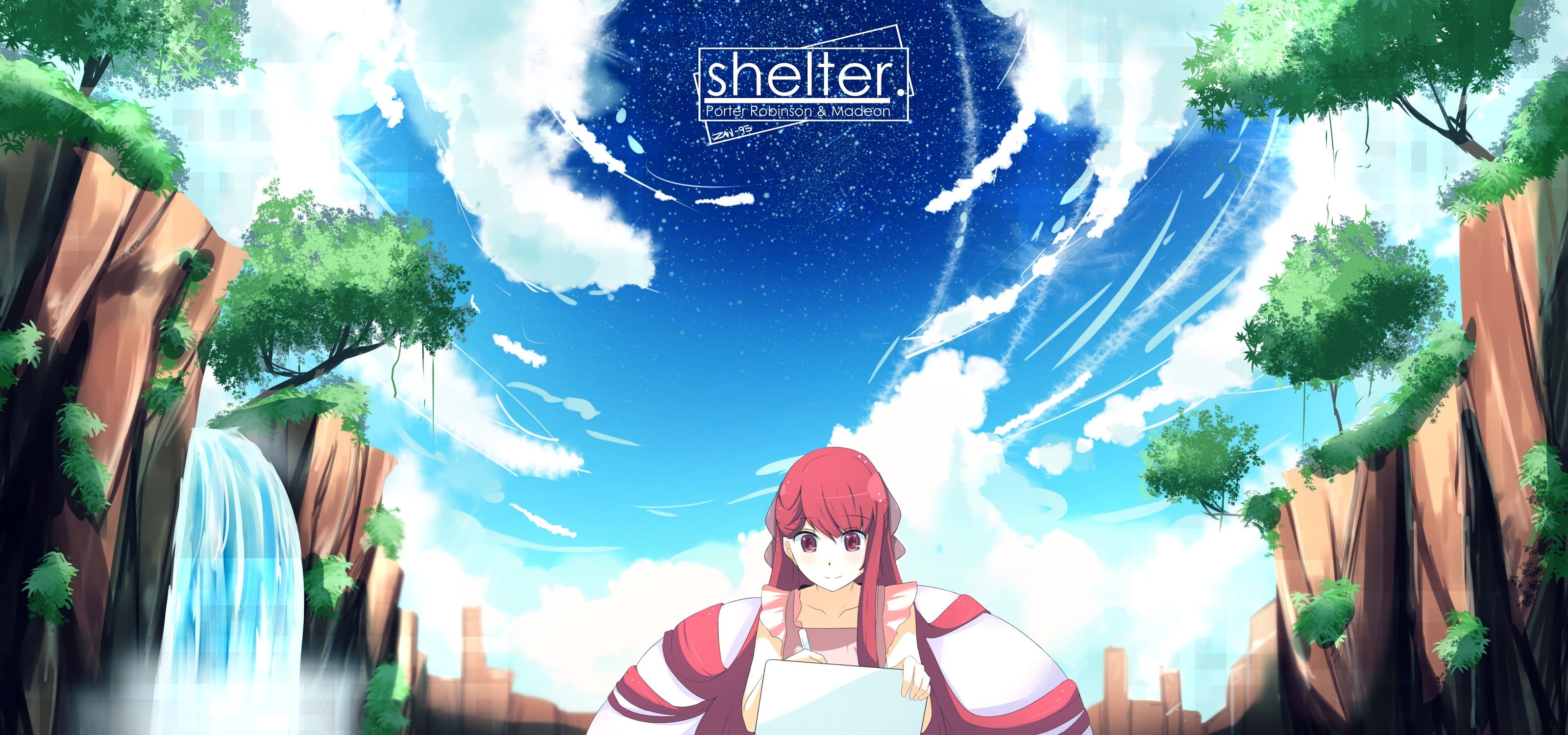 city, lifestyles, sky, one person, sunlight, anime, communication, water, anime girls, day, women, western script, front view, cloud - sky, clouds, red eyes, HD Wallpaper