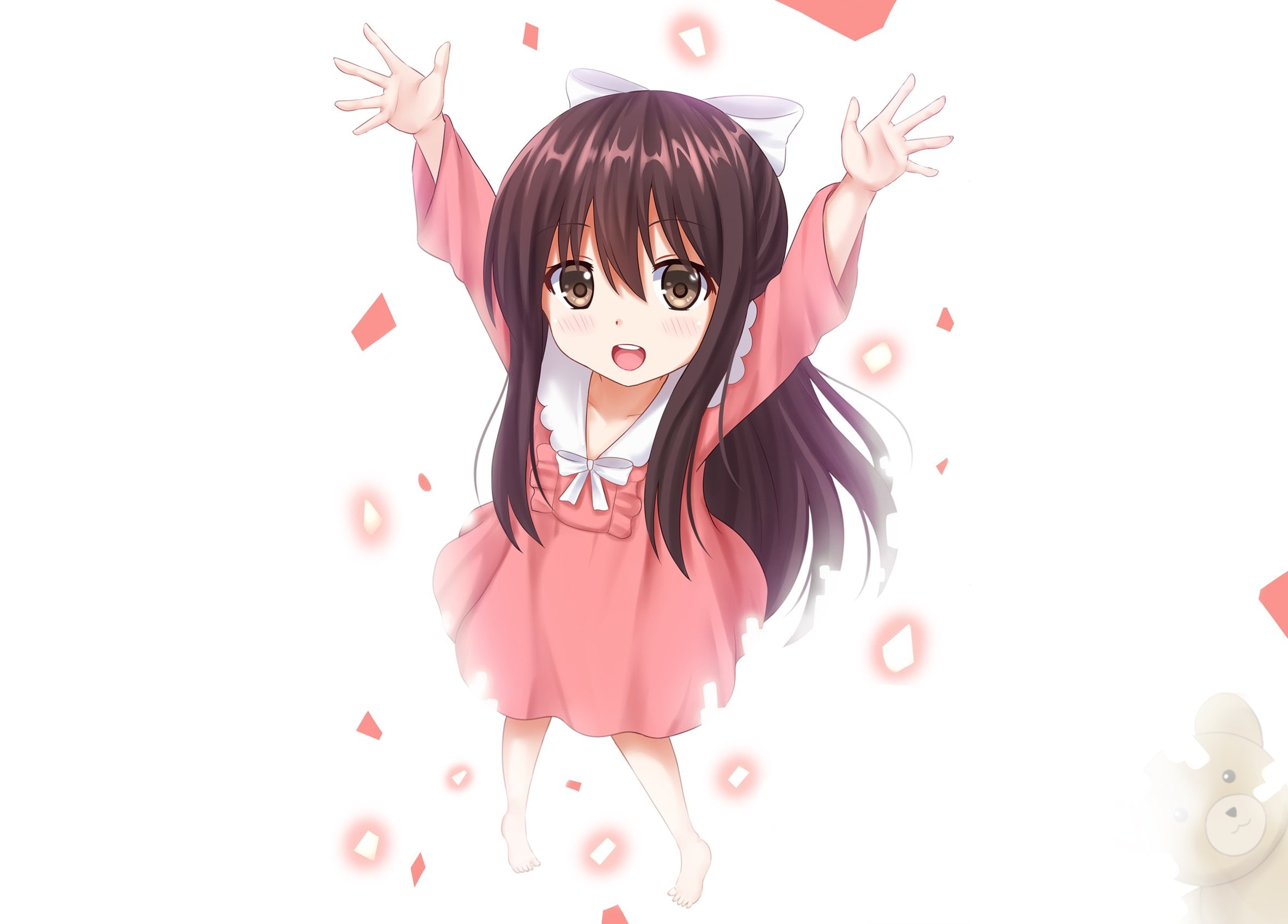 long, brown, white, (shelter), barefoot, dress, 1080P, teddy, bow, eyes, kazenokaze, bear, loli, shelter, blush, hair, rin, HD Wallpaper