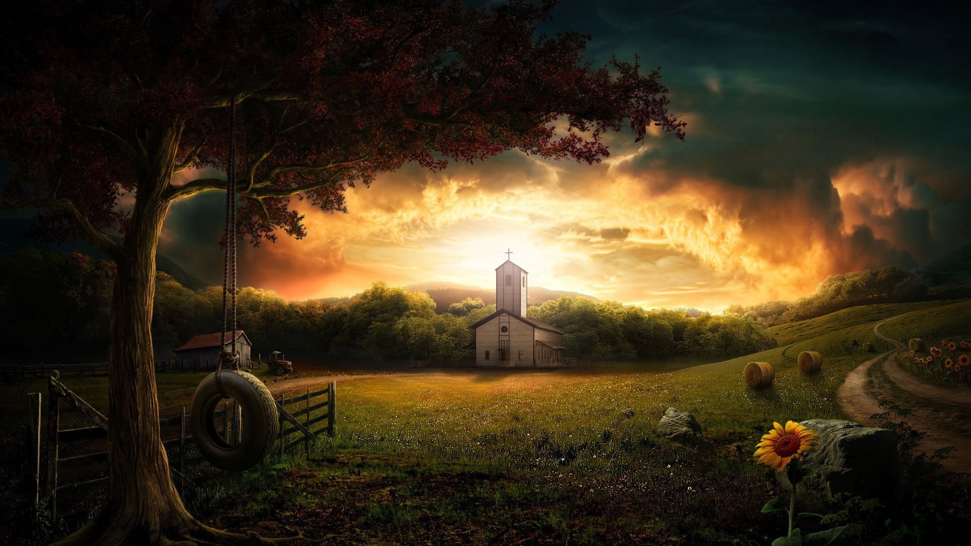 sky, clouds, digital art, sunset, sunflowers, church, swing, 1080P, HD Wallpaper