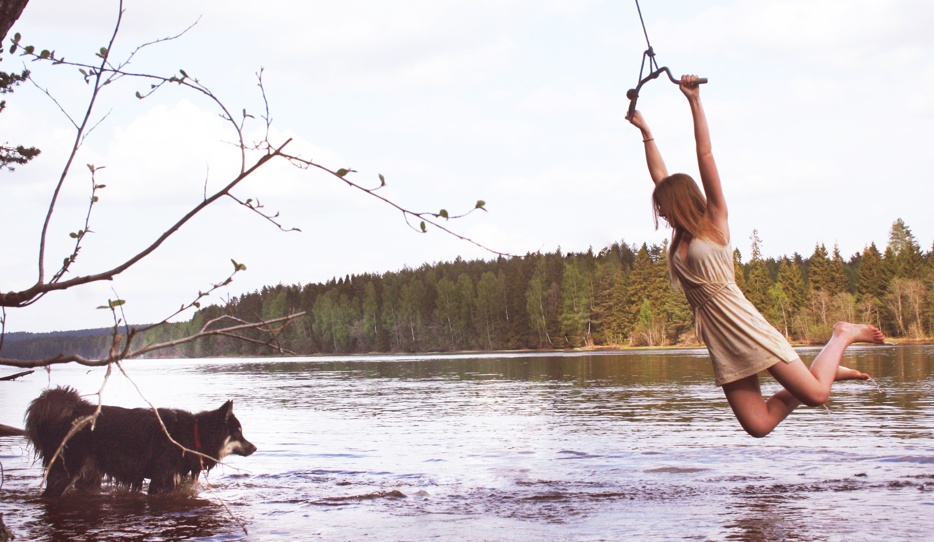 swings, dog, outdoors, one person, legs, pets, barefoot, women outdoors, lake, domestic animals, tree, day, one animal, full length, animals, casual clothing, HD Wallpaper